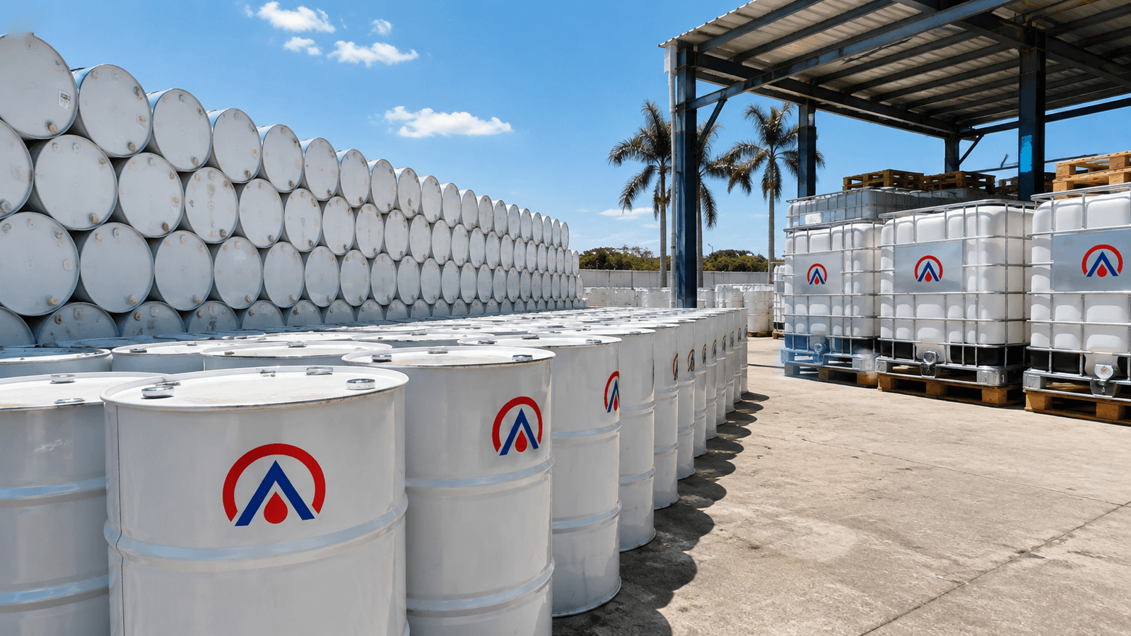 Filas de tambores blancos de 55 galones de American Oil y totes IBC en el patio de un distribuidor mayorista de aceite en el sur de Florida