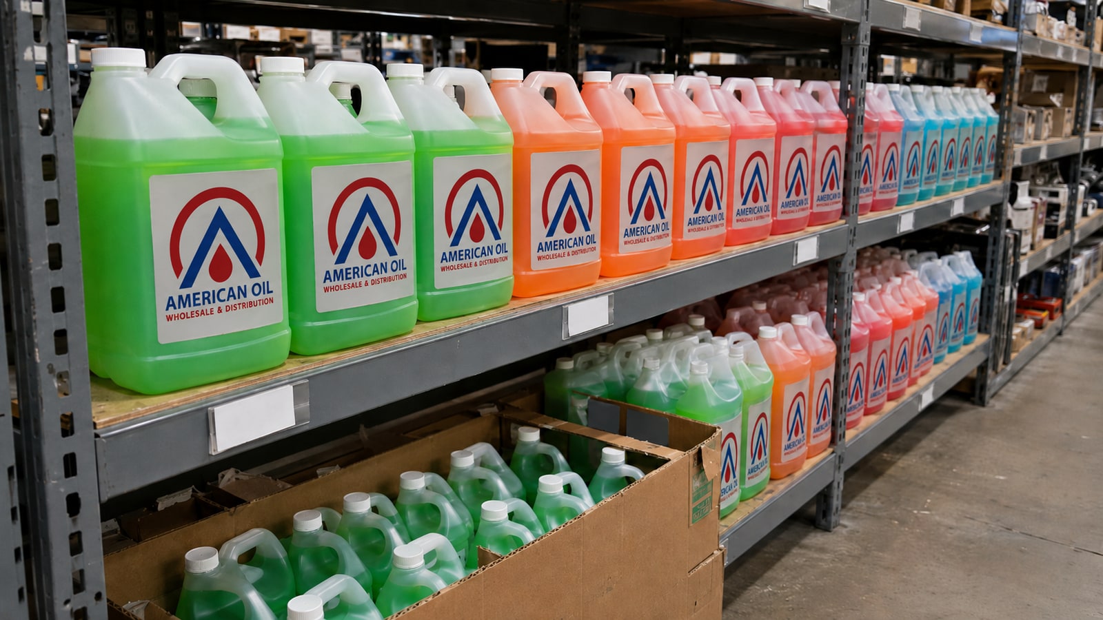 Warehouse shelf rows of gallon antifreeze coolant jugs in green, orange, red, and blue at a South Florida wholesale distributor