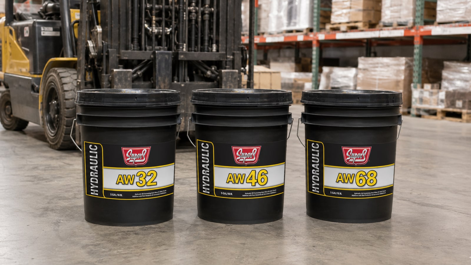 Super S AW 32, AW 46, and AW 68 hydraulic oil pails lined up on a warehouse floor in front of a forklift