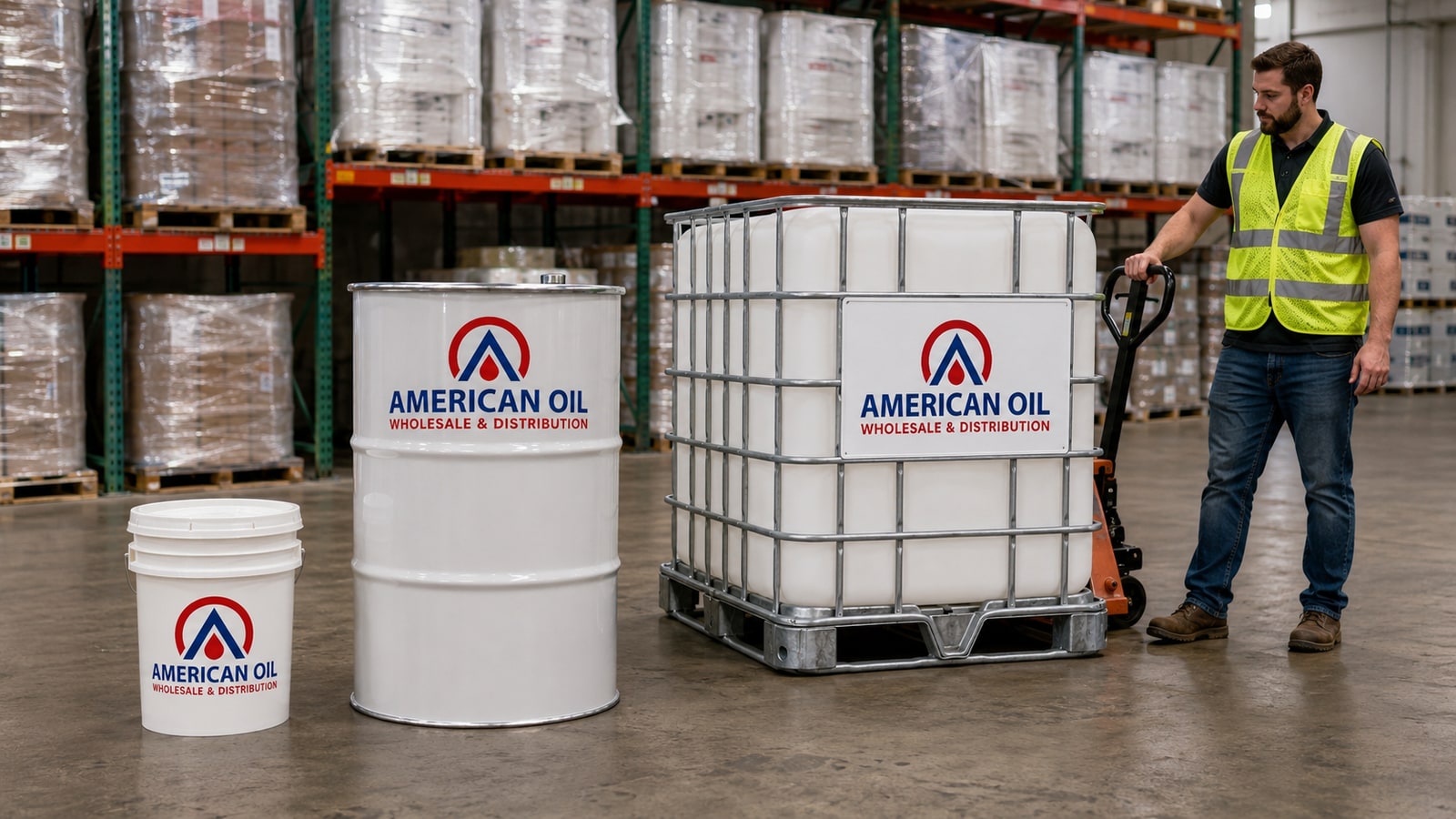 5-gallon pail, 55-gallon drum, and IBC tote of lubricant lined up by size next to a warehouse worker with a pallet jack