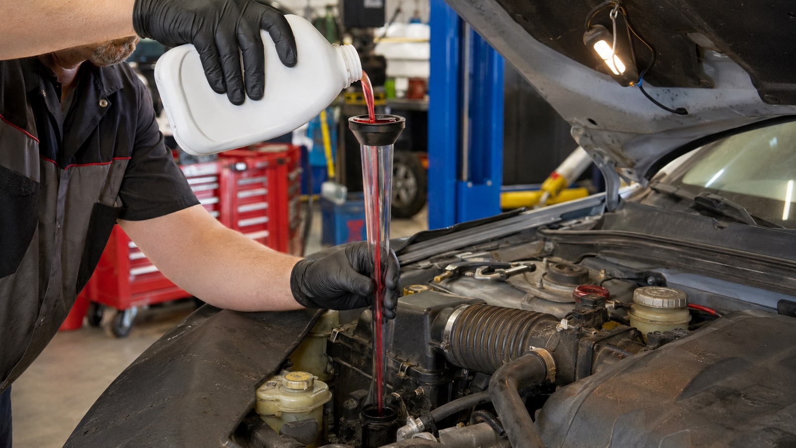 Technician pouring bright red automatic transmission fluid through a long-neck funnel into a transmission dipstick tube