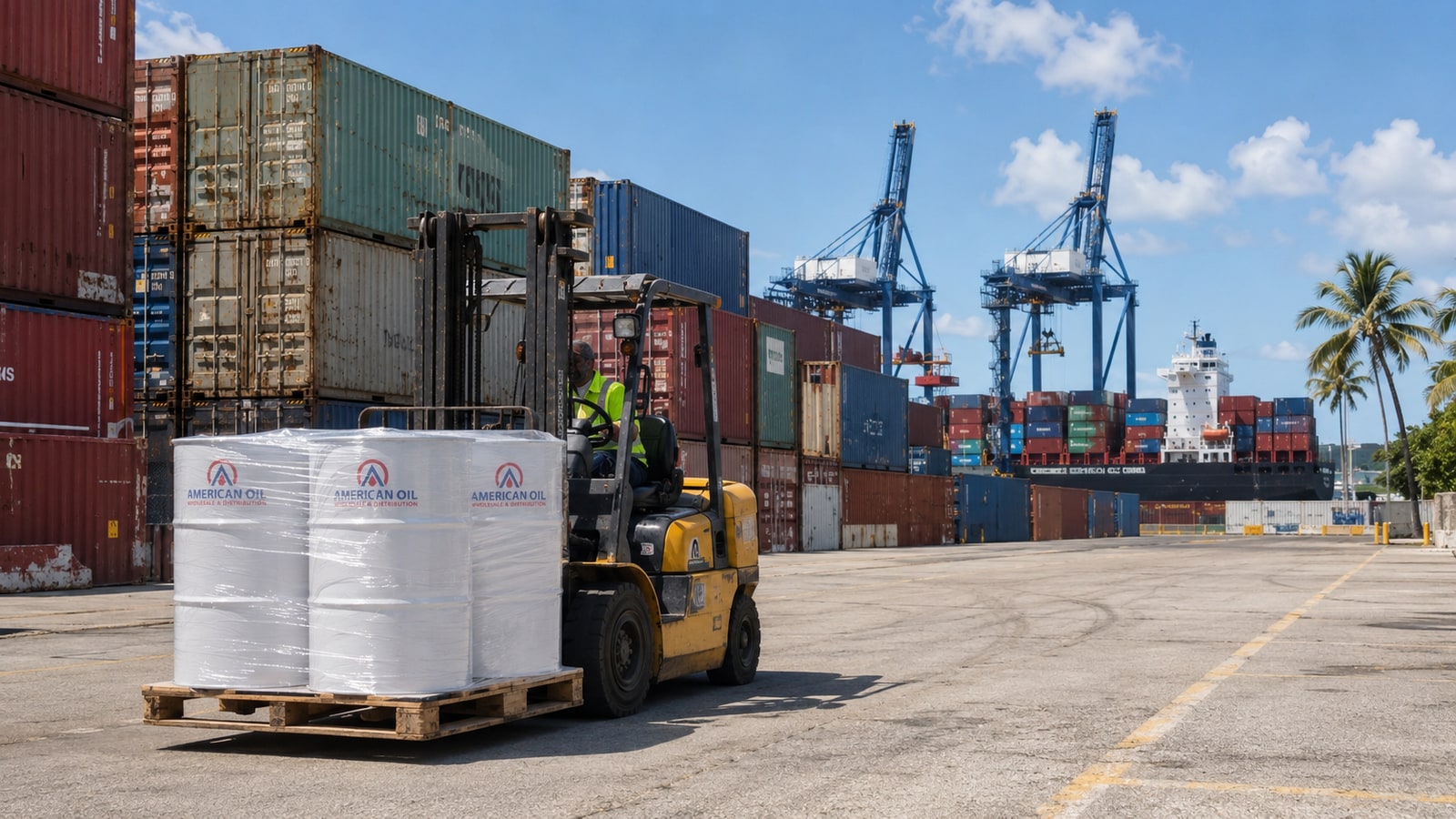 Forklift carrying a shrink-wrapped pallet of motor oil drums through a Miami container terminal with cranes and stacked containers