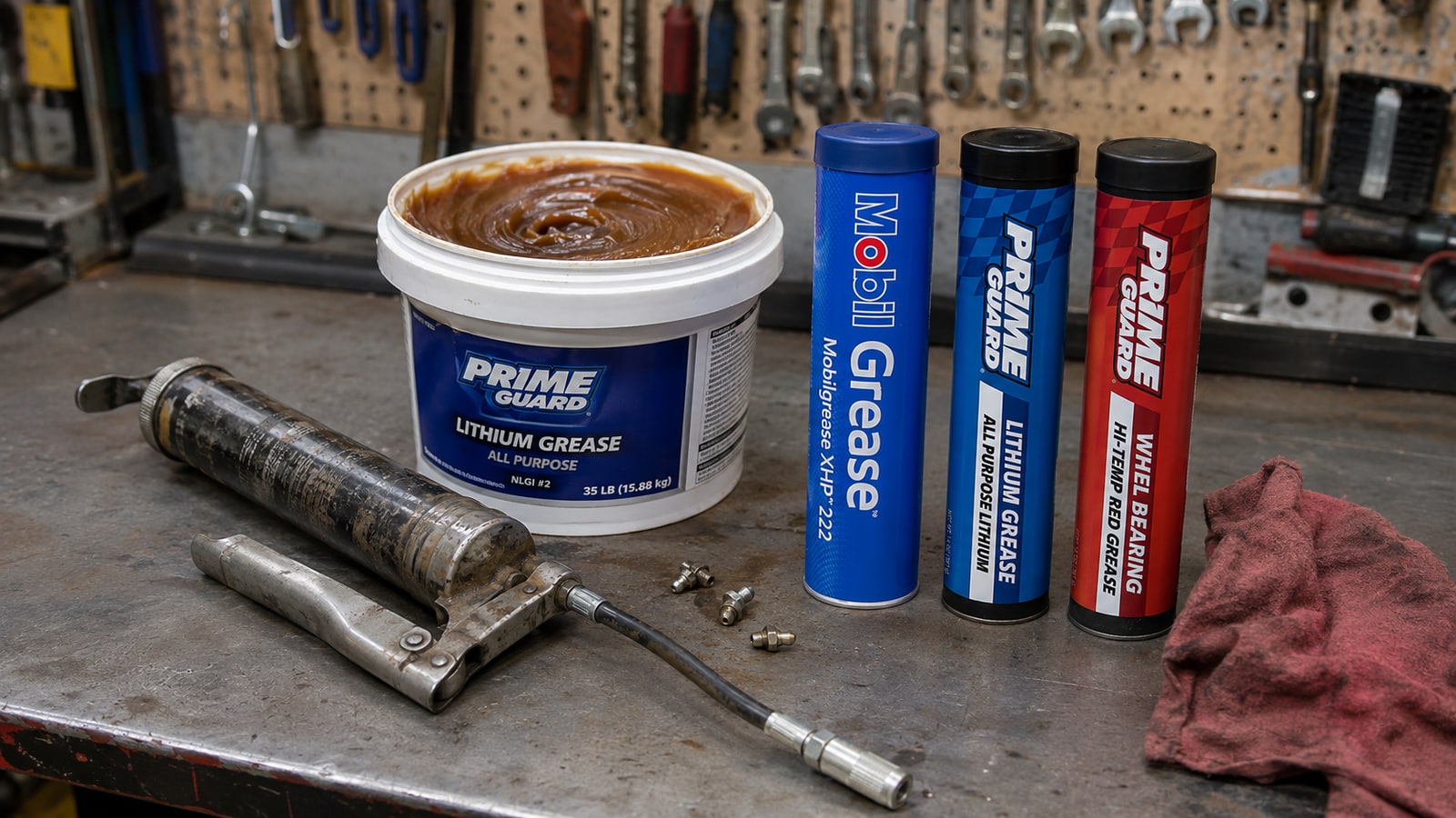 Grease gun and open tub of amber lithium grease with Mobil XHP 222 and Prime Guard grease cartridges on a shop workbench