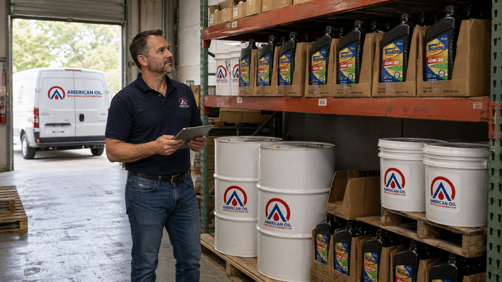 Lubricant distributor owner checking inventory of motor oil cases, pails, and drums in a South Florida warehouse
