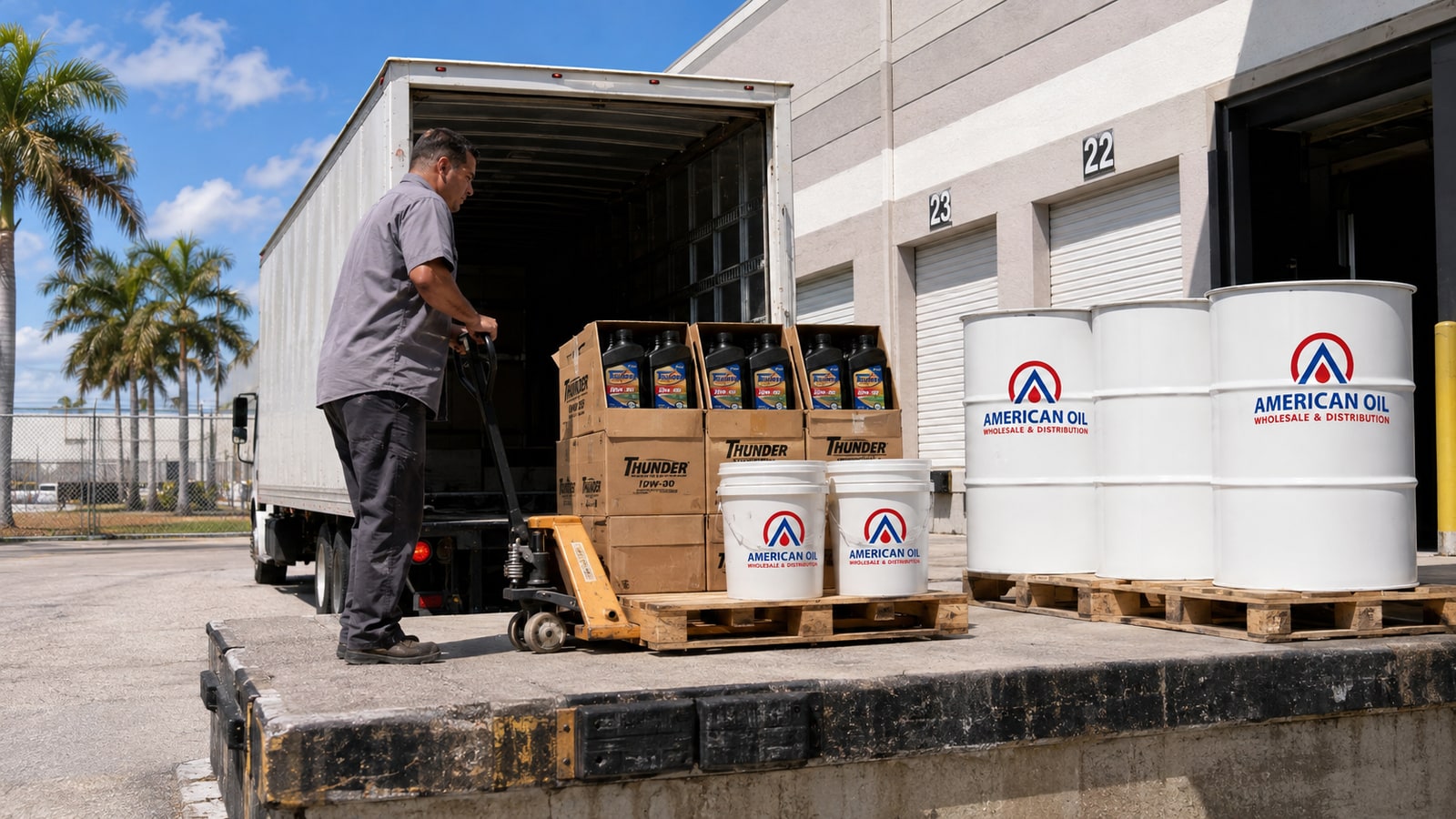 Delivery truck loading pallets of motor oil cases and drums at a Hialeah wholesale lubricant distributor loading dock