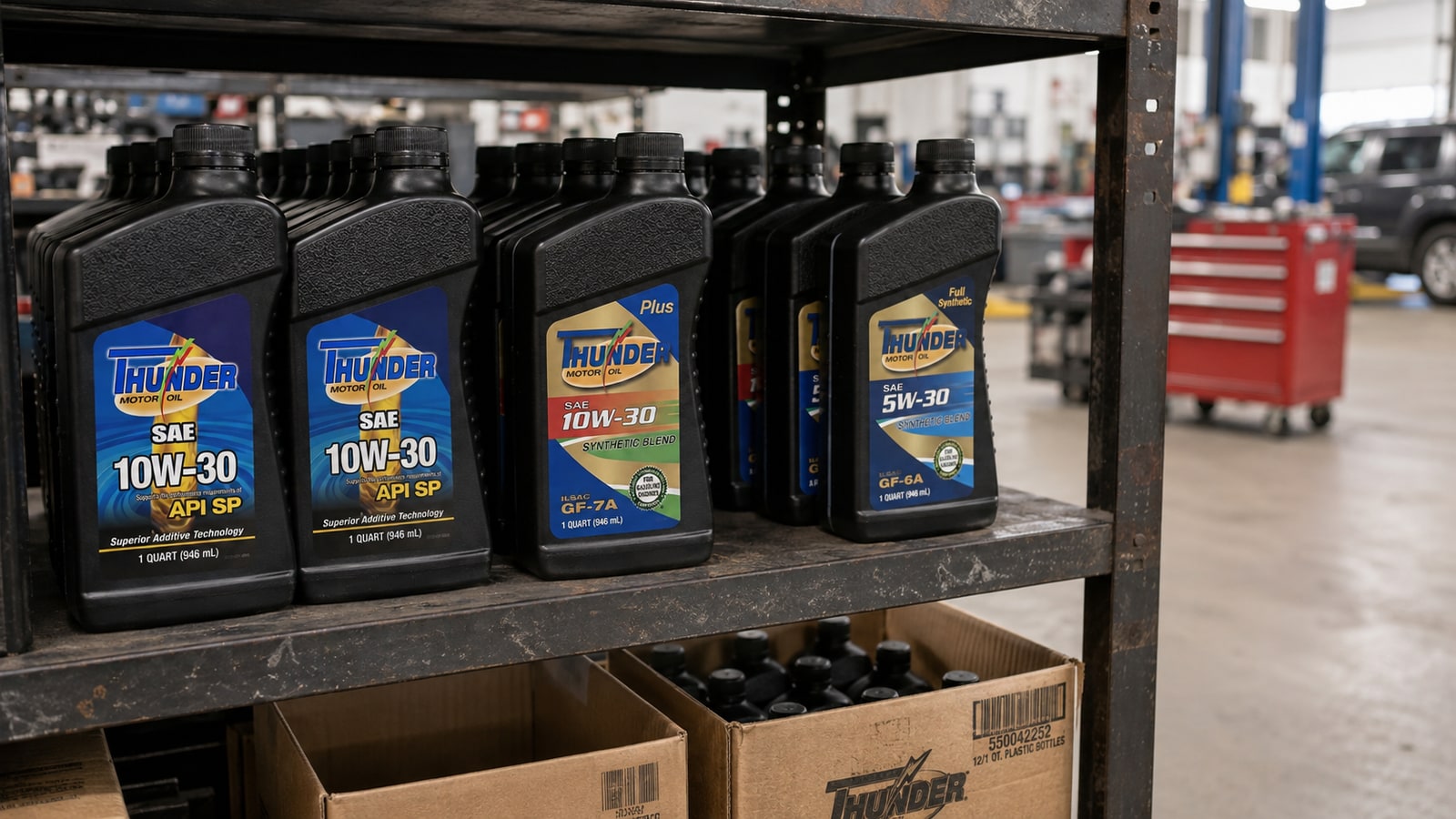 Conventional, synthetic blend, and full synthetic motor oil quarts stocked side by side on a South Florida auto shop shelf