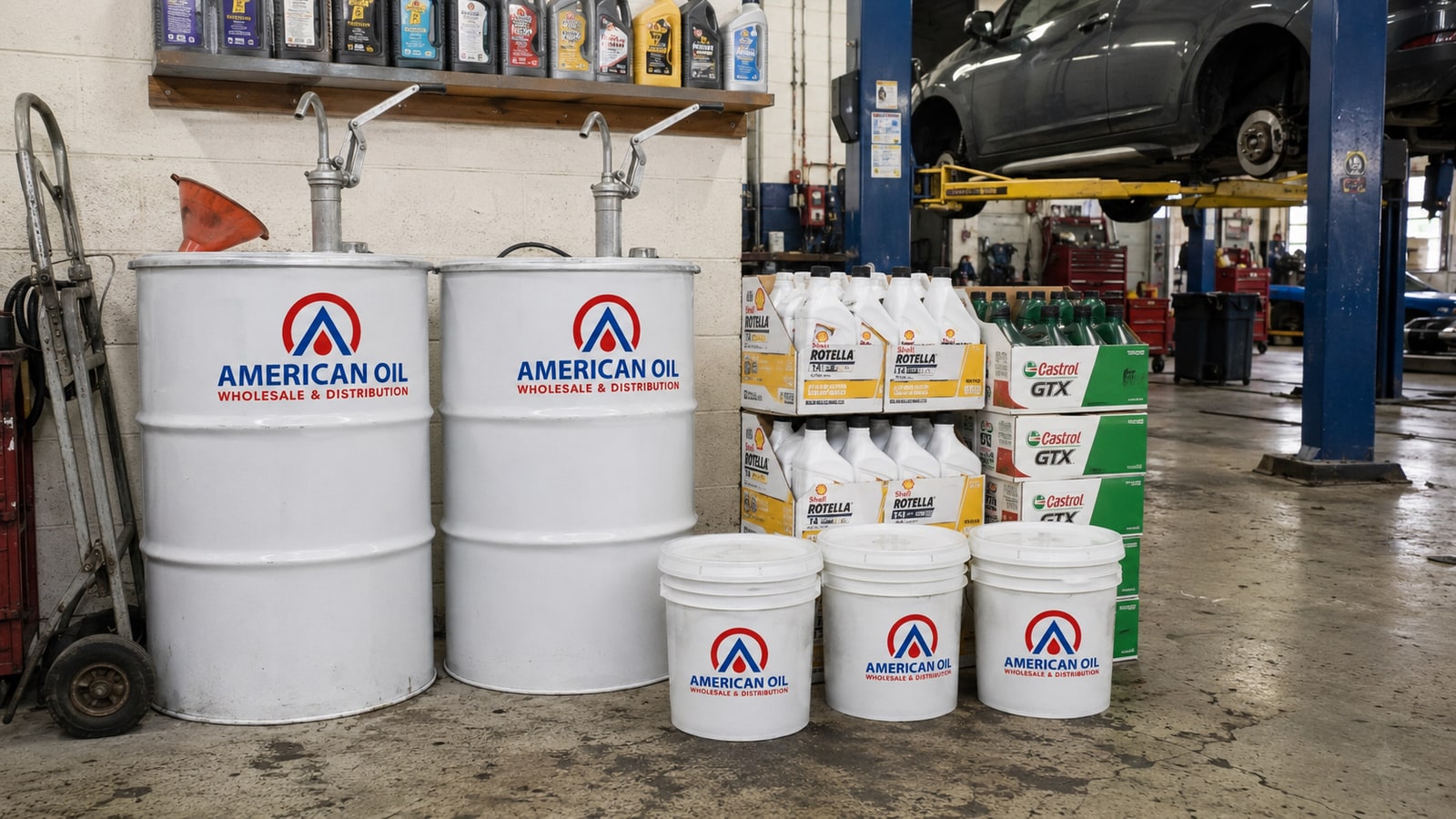 Auto shop oil storage corner with American Oil drums and pails, Shell Rotella and Castrol GTX quart cases, and a car on a lift