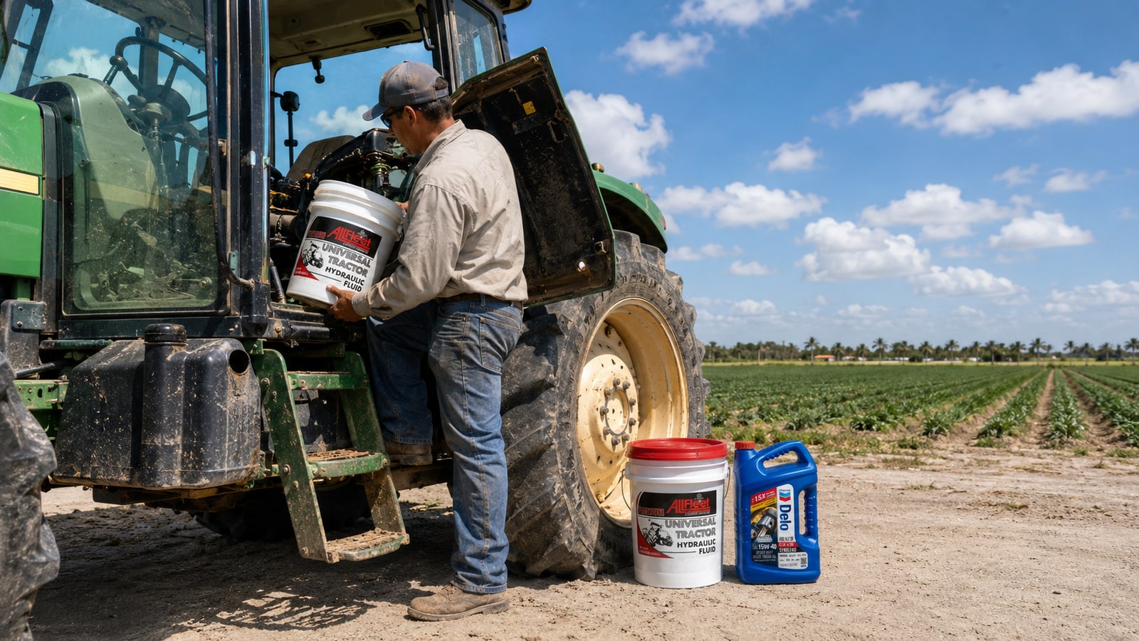Trabajador agrícola dando servicio a un tractor en un campo del sur de Florida con fluido universal para tractores Allfleet y aceite diésel Chevron Delo 400