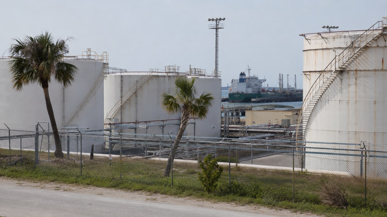 Petroleum storage tank farm and berthed tanker at a South Florida port where base oil supply arrives