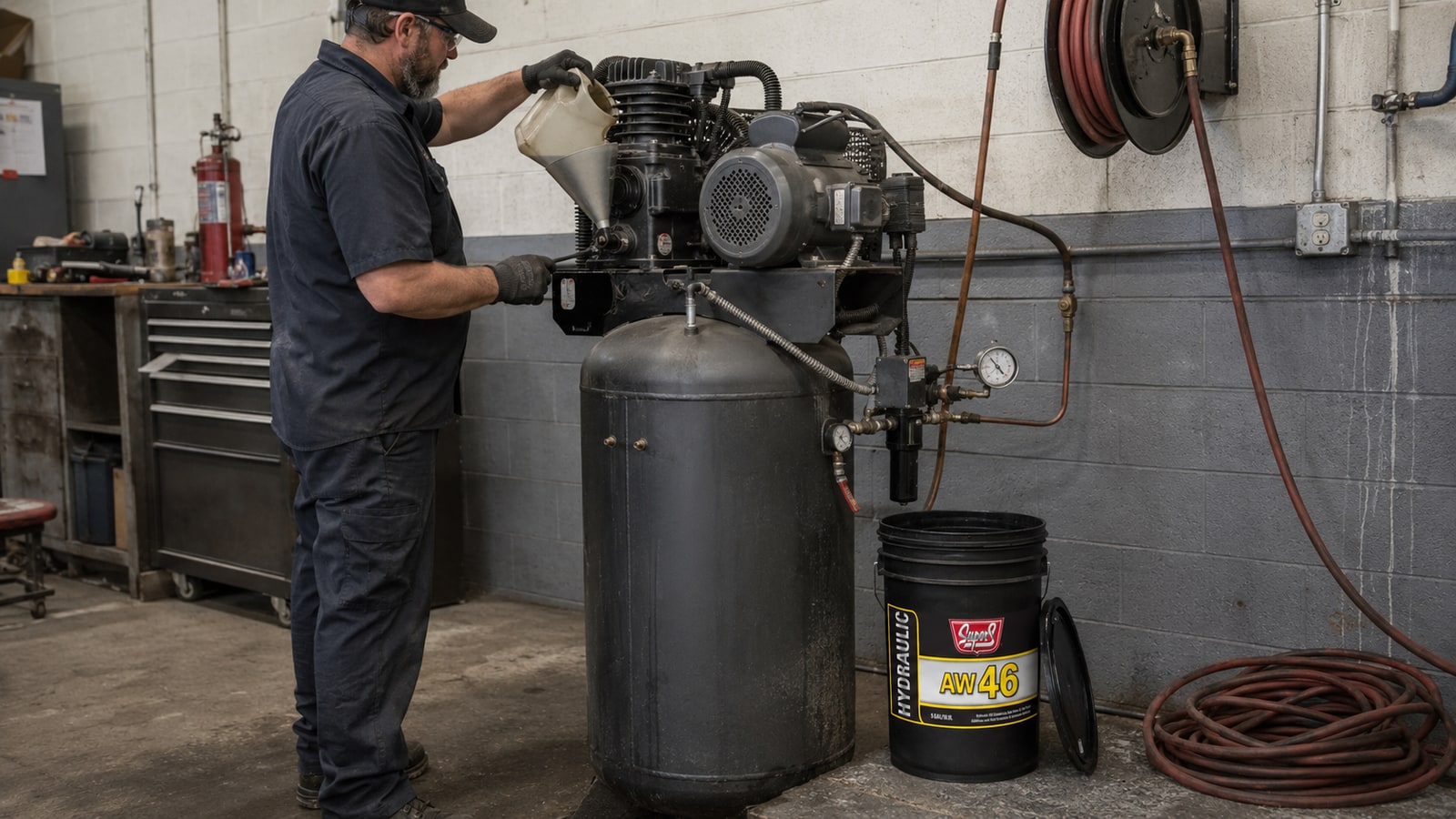Technician adding ISO VG 46 oil to a shop air compressor pump with a Super S AW 46 pail beside it