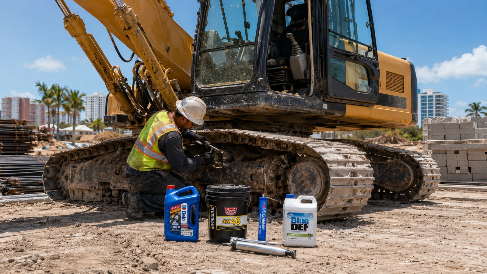 Mecánico dando servicio a una excavadora en una obra del sur de Florida con Chevron Delo 400, aceite hidráulico AW 46, grasa y BlueDEF