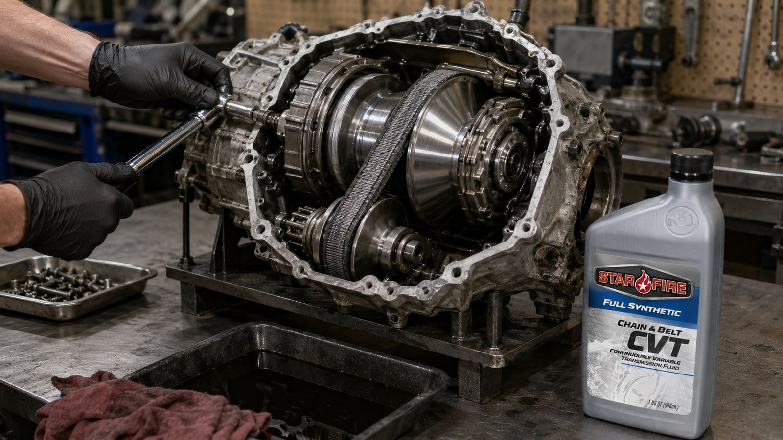 Transmisión CVT abierta en un banco de taller mostrando sus poleas cónicas y banda de acero junto a un envase de fluido CVT Starfire