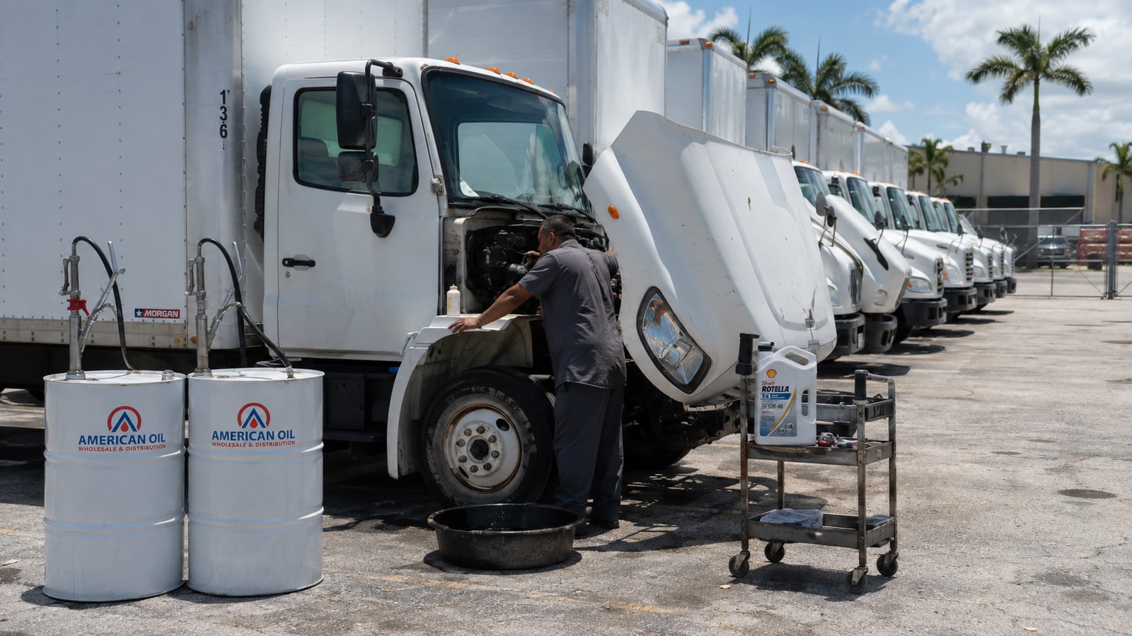 Técnico dando servicio al motor de un camión en un patio de flota del sur de Florida con una fila de camiones, tambores de aceite y aceite diésel Shell Rotella T4