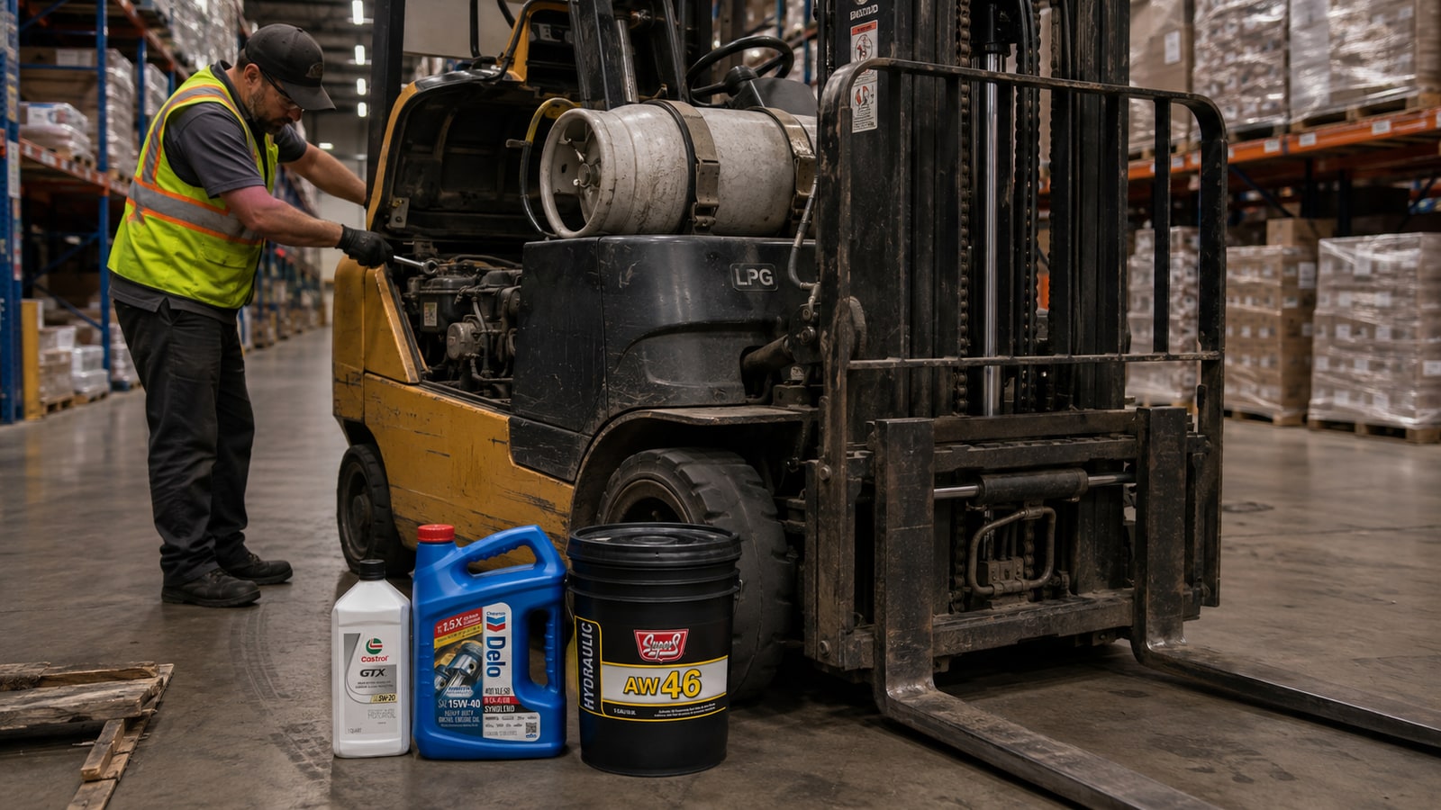 LPG forklift in a distribution center aisle with Castrol GTX, Chevron Delo 400, and AW 46 hydraulic oil staged at its mast