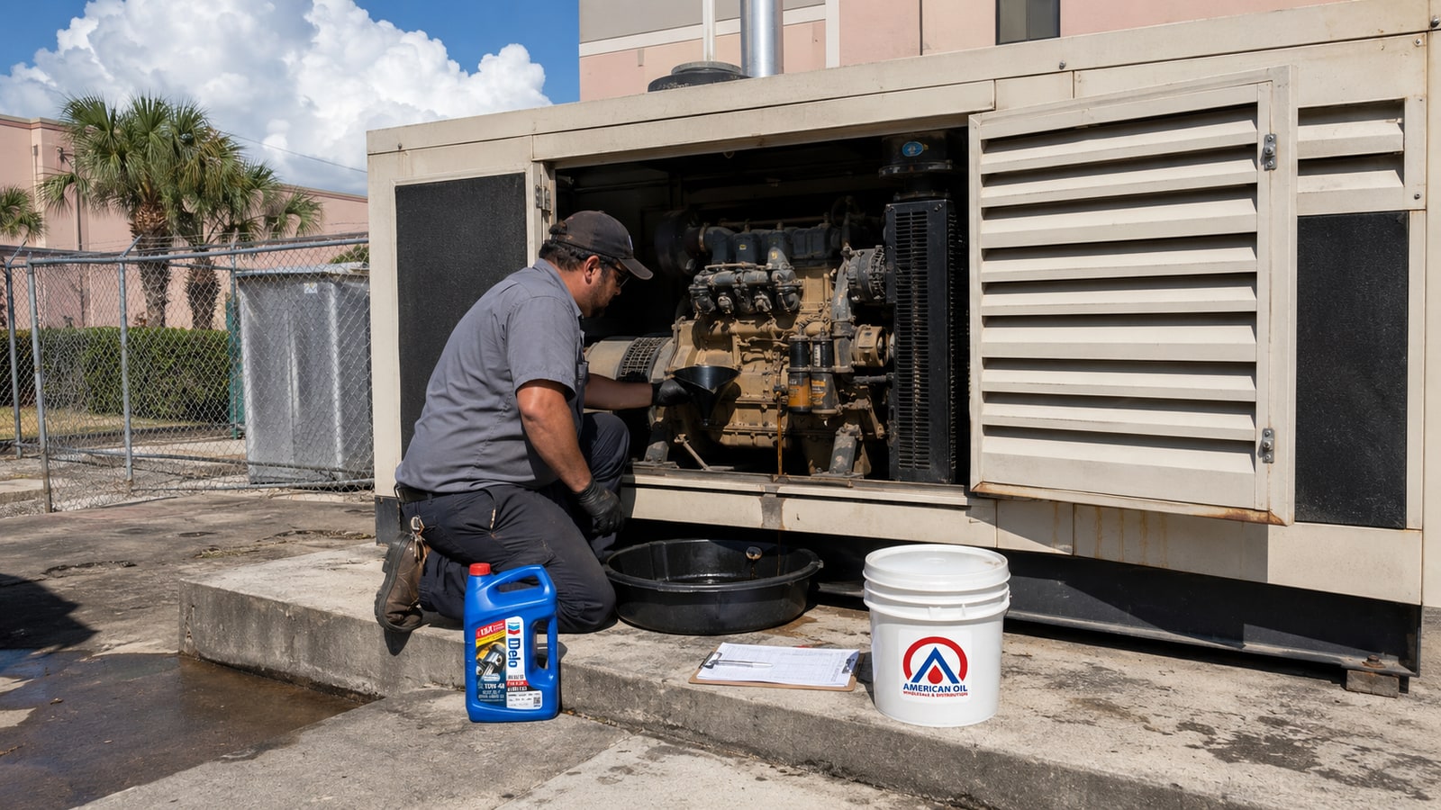 Técnico cambiando el aceite de un generador diésel comercial de respaldo en el sur de Florida con aceite Chevron Delo 400 CK-4 y una cubeta a granel