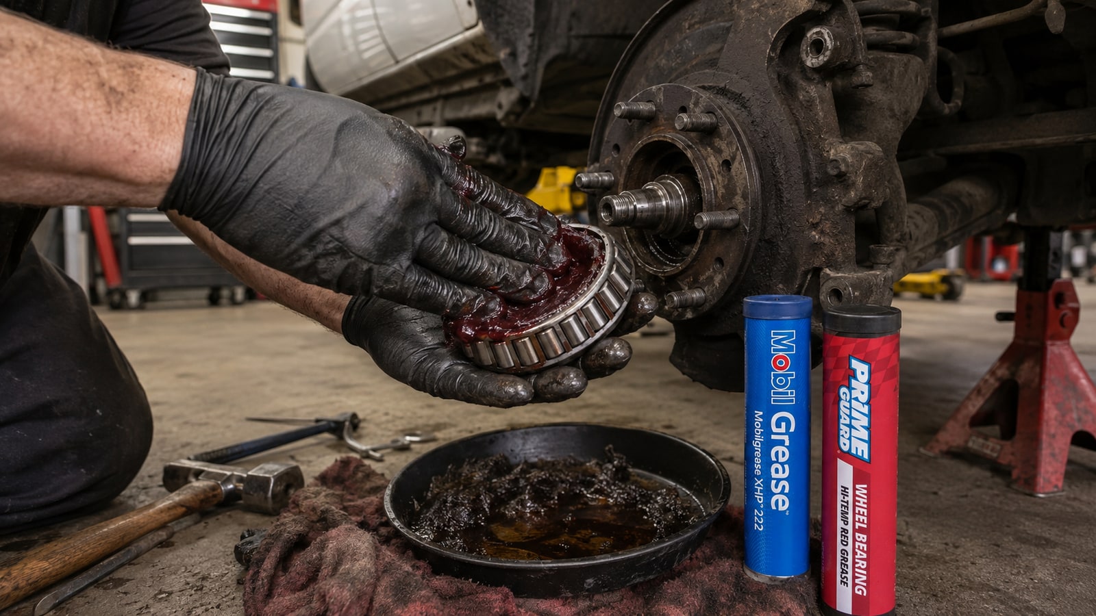 Mechanic hand-packing a wheel bearing with fresh grease beside a pan of failed separated grease and two incompatible grease cartridges