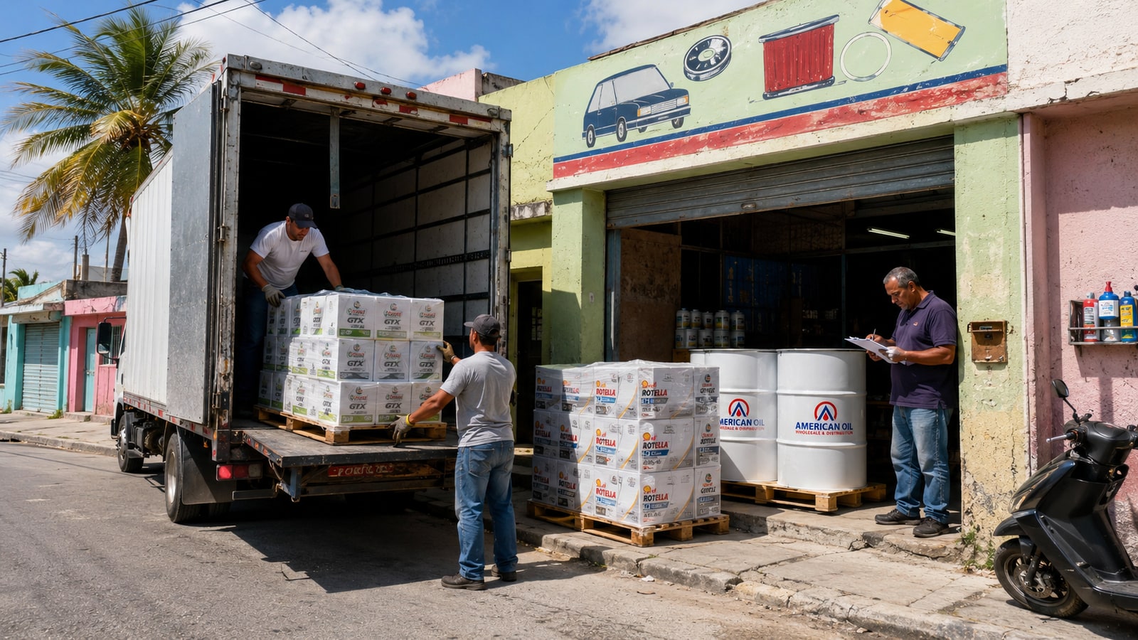 Workers unloading imported American motor oil cases and drums at a Caribbean reseller's warehouse while the owner checks the invoice