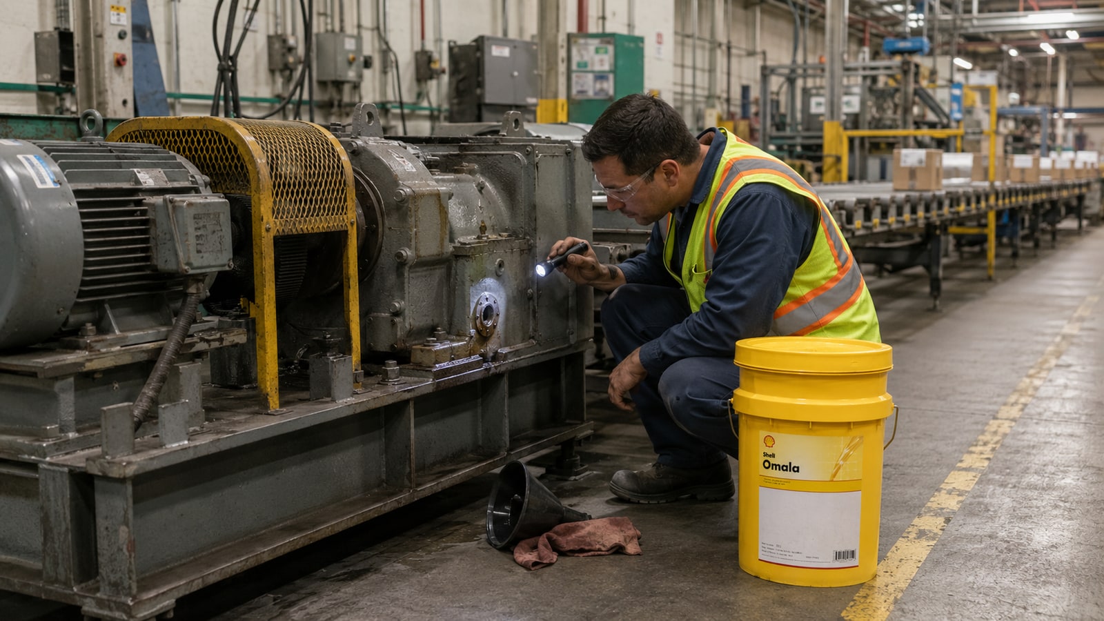 Maintenance technician checking the oil level on an industrial gear reducer driving a conveyor with a Shell Omala gear oil pail beside it