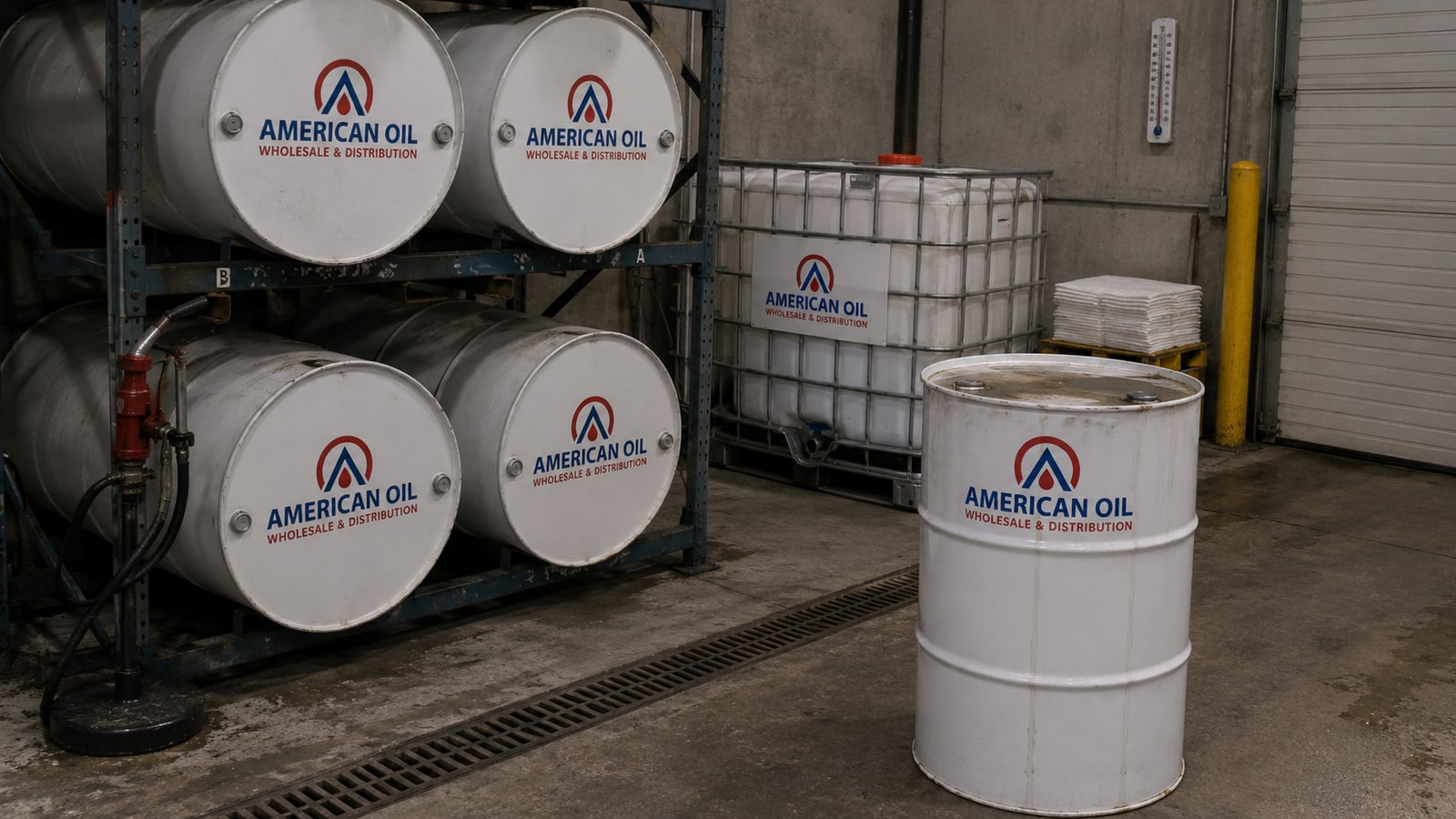 Tambores de aceite almacenados horizontalmente en un estante de acero junto a un tambor vertical con agua de lluvia acumulada en la tapa