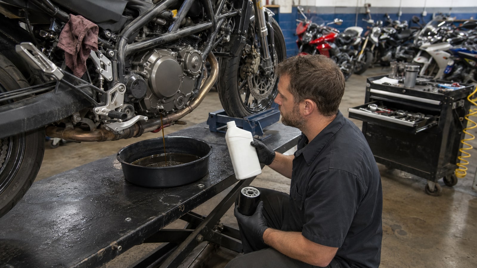 Motocicleta en un elevador de taller durante un cambio de aceite con el tapón de drenaje afuera y un cuarto de aceite con especificación JASO listo