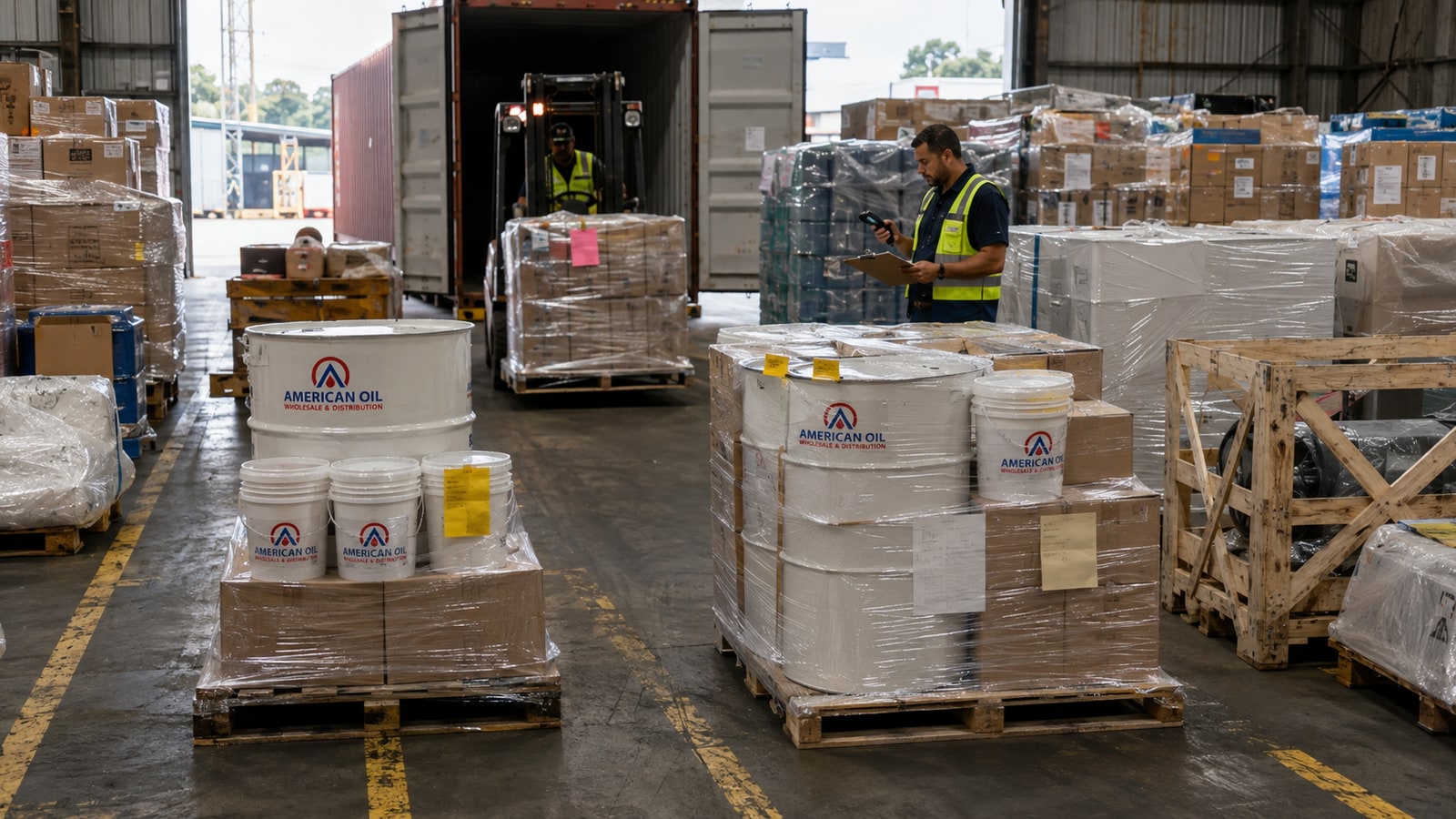 Paletas de aceite de motor entre carga mixta en una bodega consolidadora de carga en Miami cargándose en un contenedor de exportación
