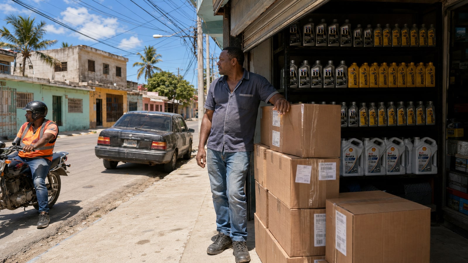 Dominican Republic auto parts shop stocked with imported Mobil 1, Pennzoil, and Shell Rotella motor oil from Miami
