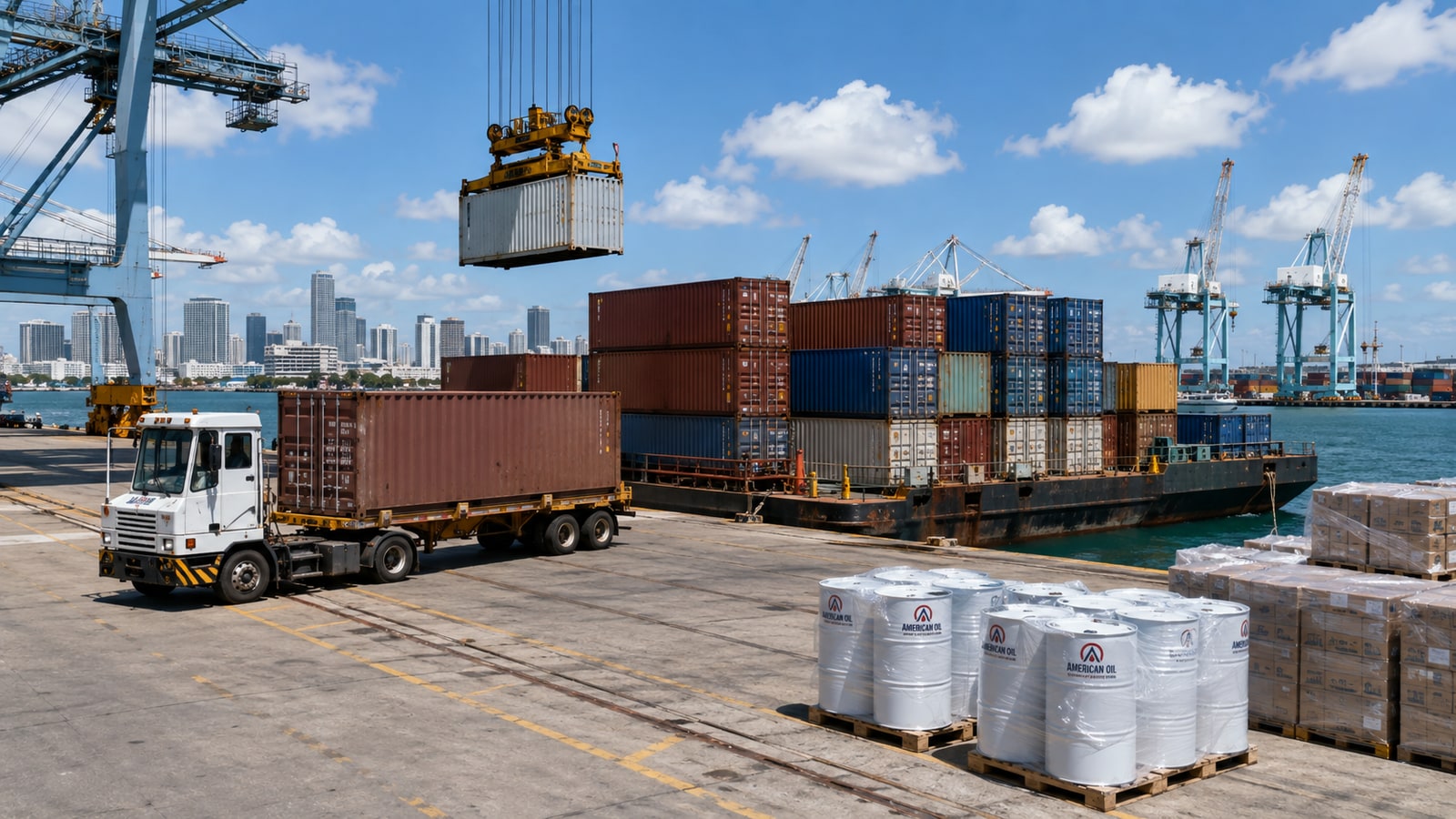 Container barge loading at the Port of Miami on the Jones Act trade lane that carries wholesale motor oil to Puerto Rico