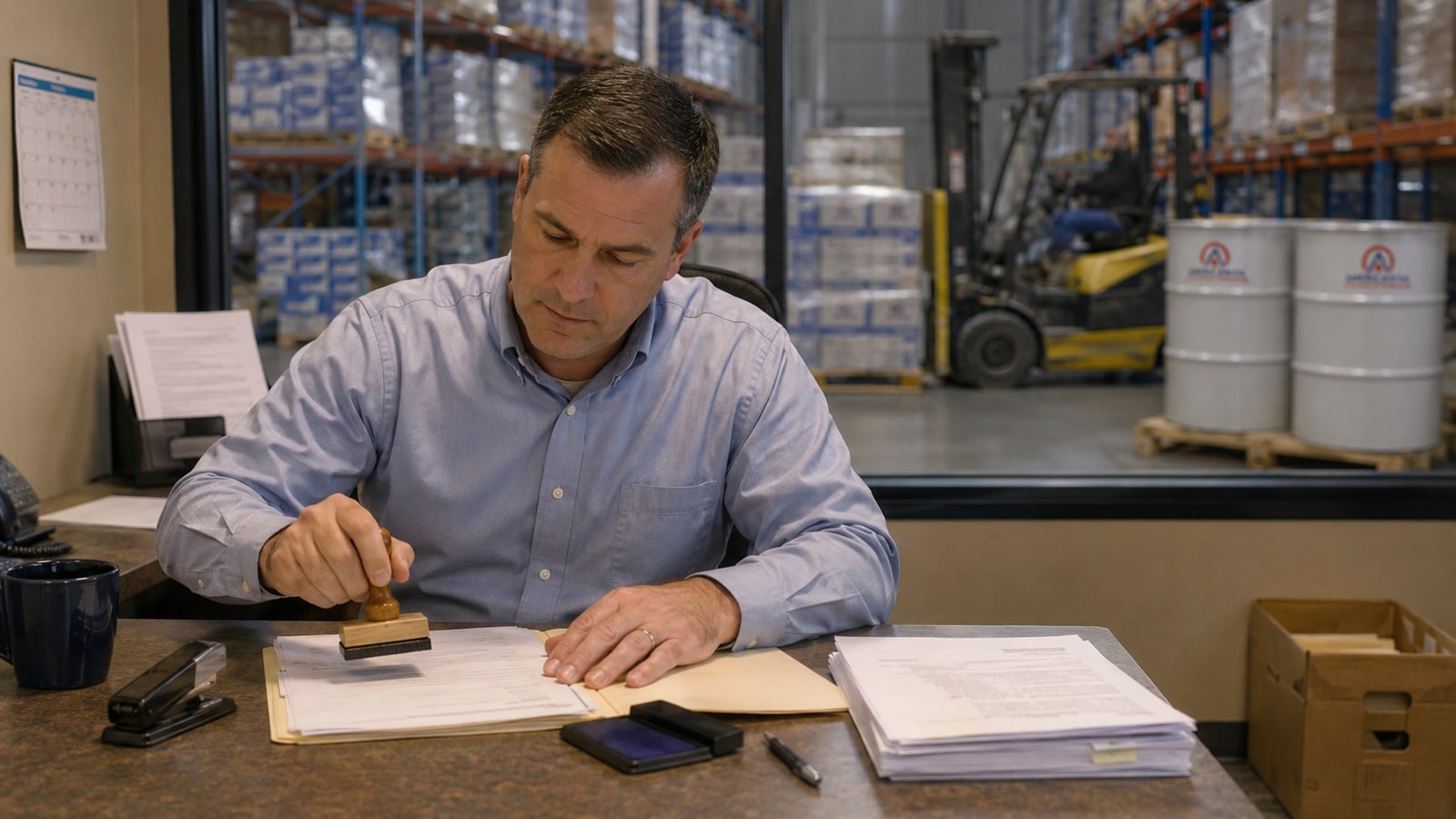 Export coordinator stamping a certificate of origin at a warehouse office desk with pallets of motor oil visible on the floor behind