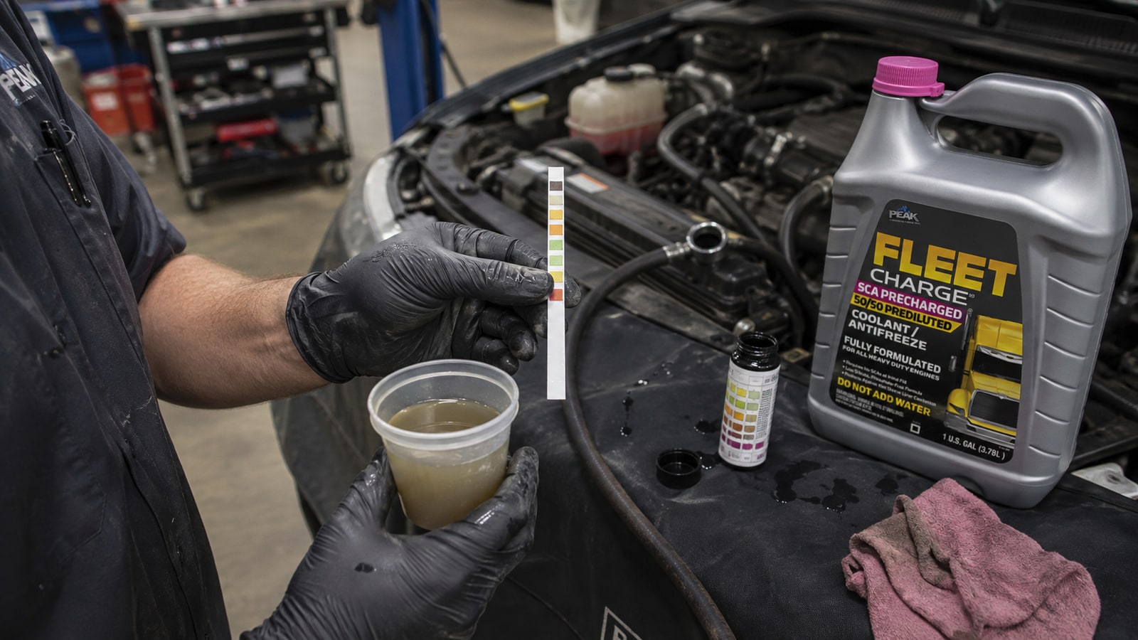 Technician reading a coolant test strip beside a sample cup of in-service coolant drawn from a radiator