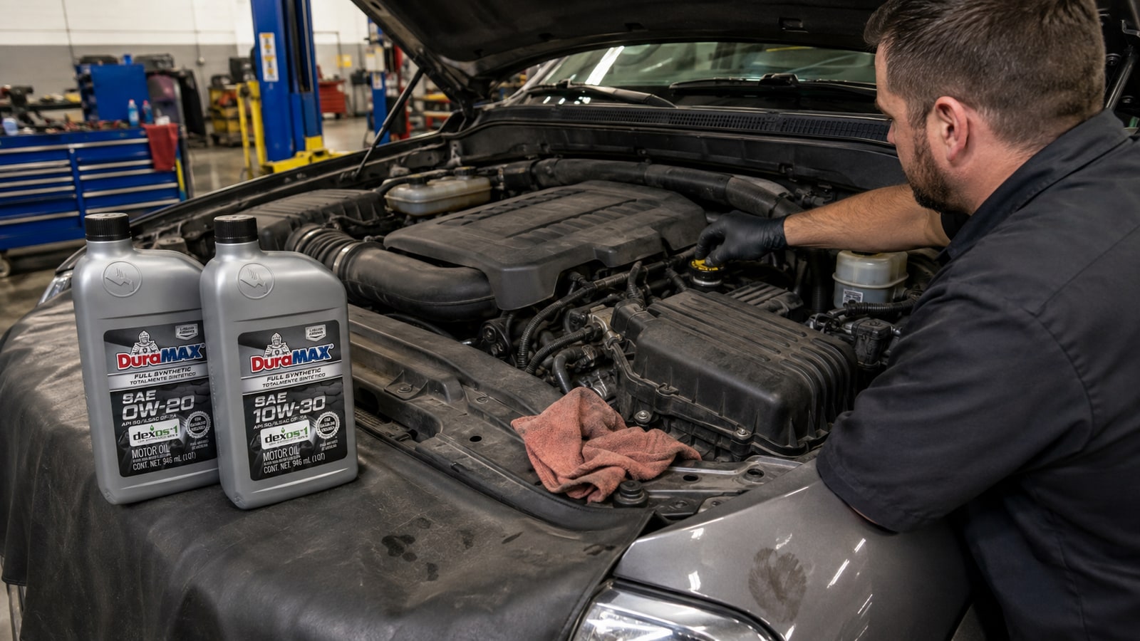 Technician at the oil fill cap of a GM pickup V8 with Duramax dexos full synthetic quarts on the fender