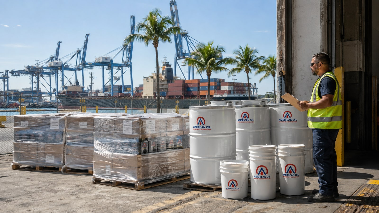Pallets of motor oil staged on a Miami warehouse dock with the port and container cranes visible in the distance