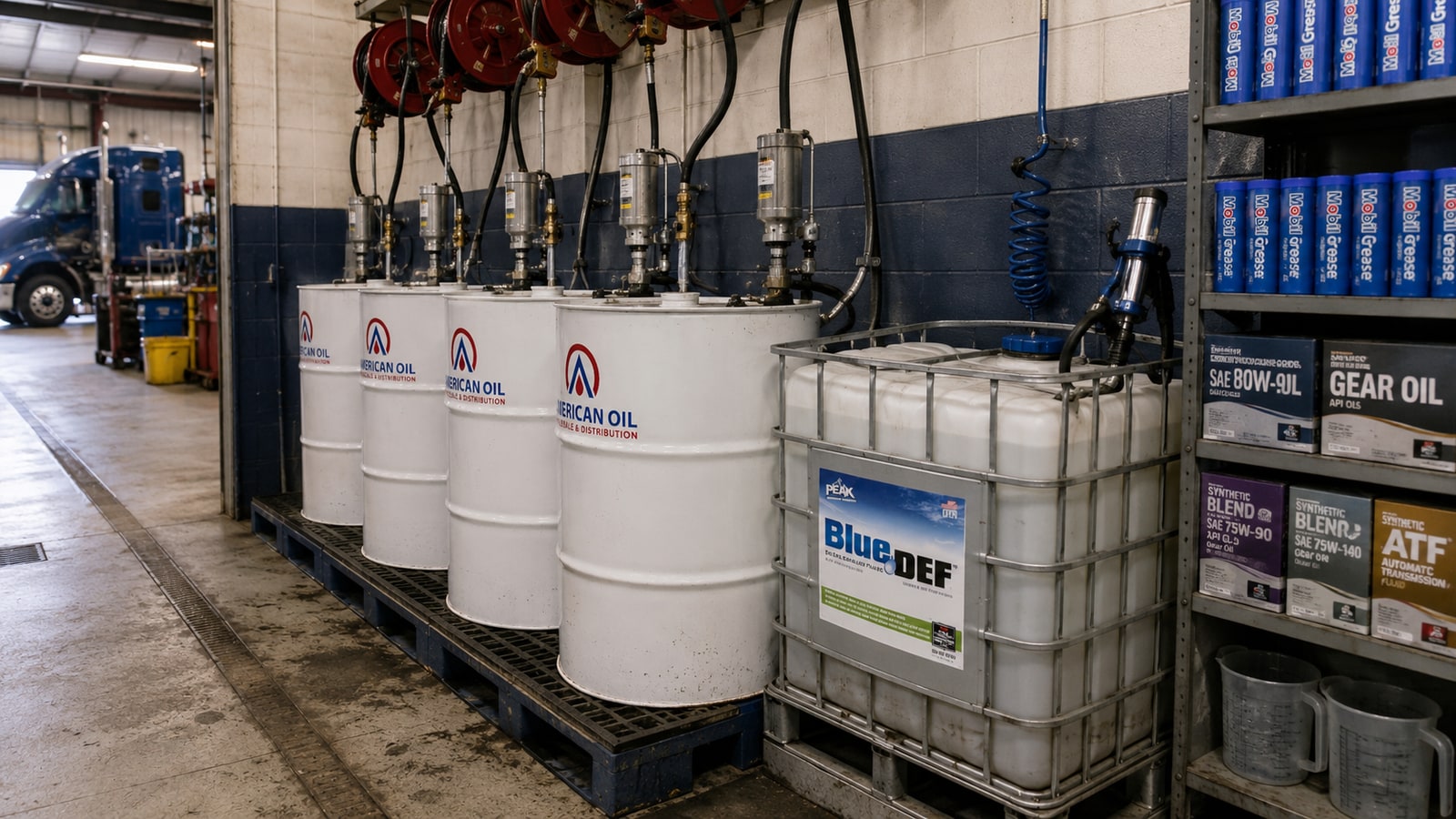 Fleet shop lubricant room with oil drums on pumps, a DEF tote, and overhead hose reels serving the truck service bays