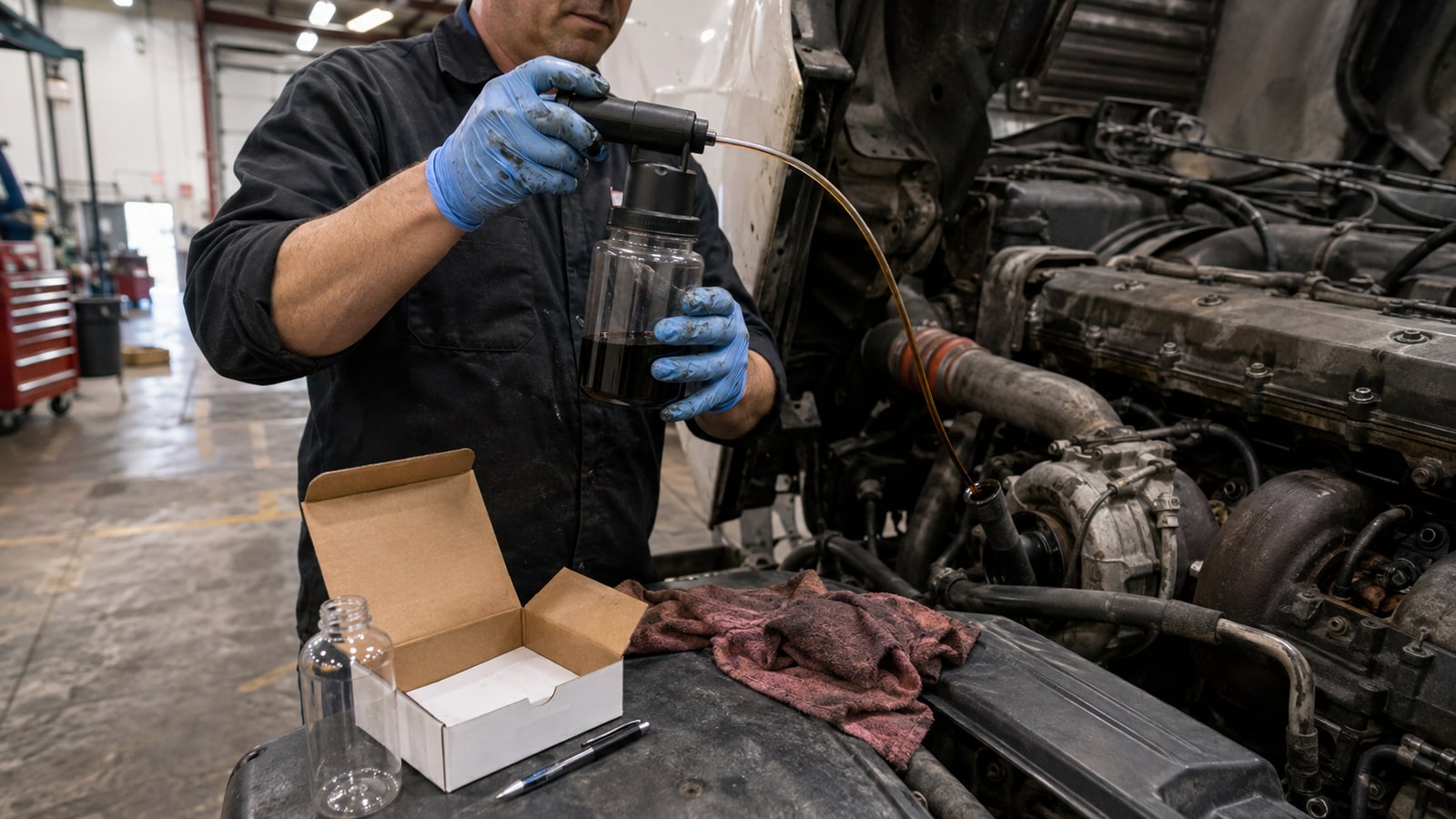 Technician drawing a used oil sample from a truck engine into a lab sample bottle with a handheld vacuum pump