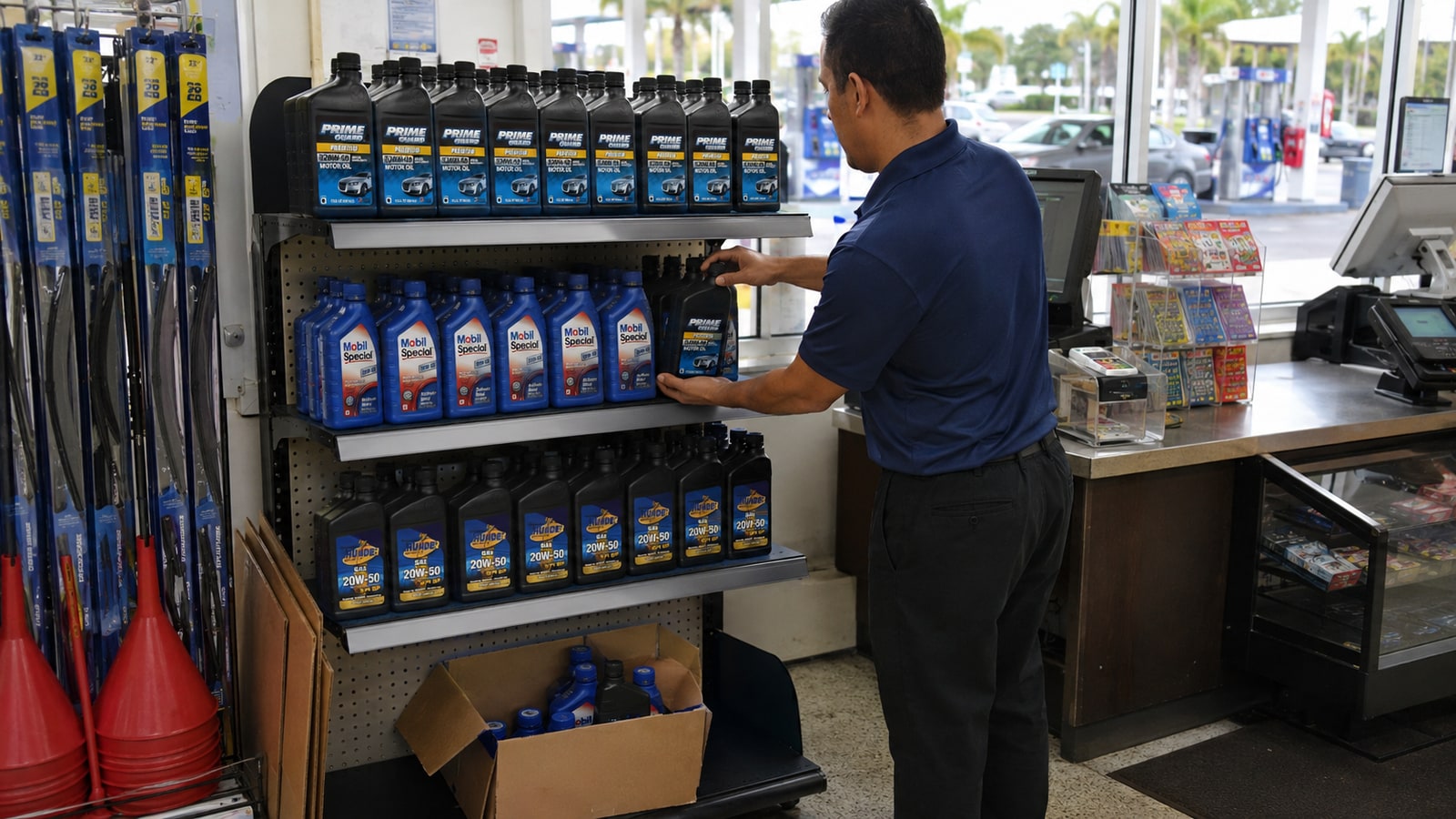 Gas station convenience store motor oil rack stocked with Thunder, Mobil, and Prime Guard quart bottles including SAE 20W-50