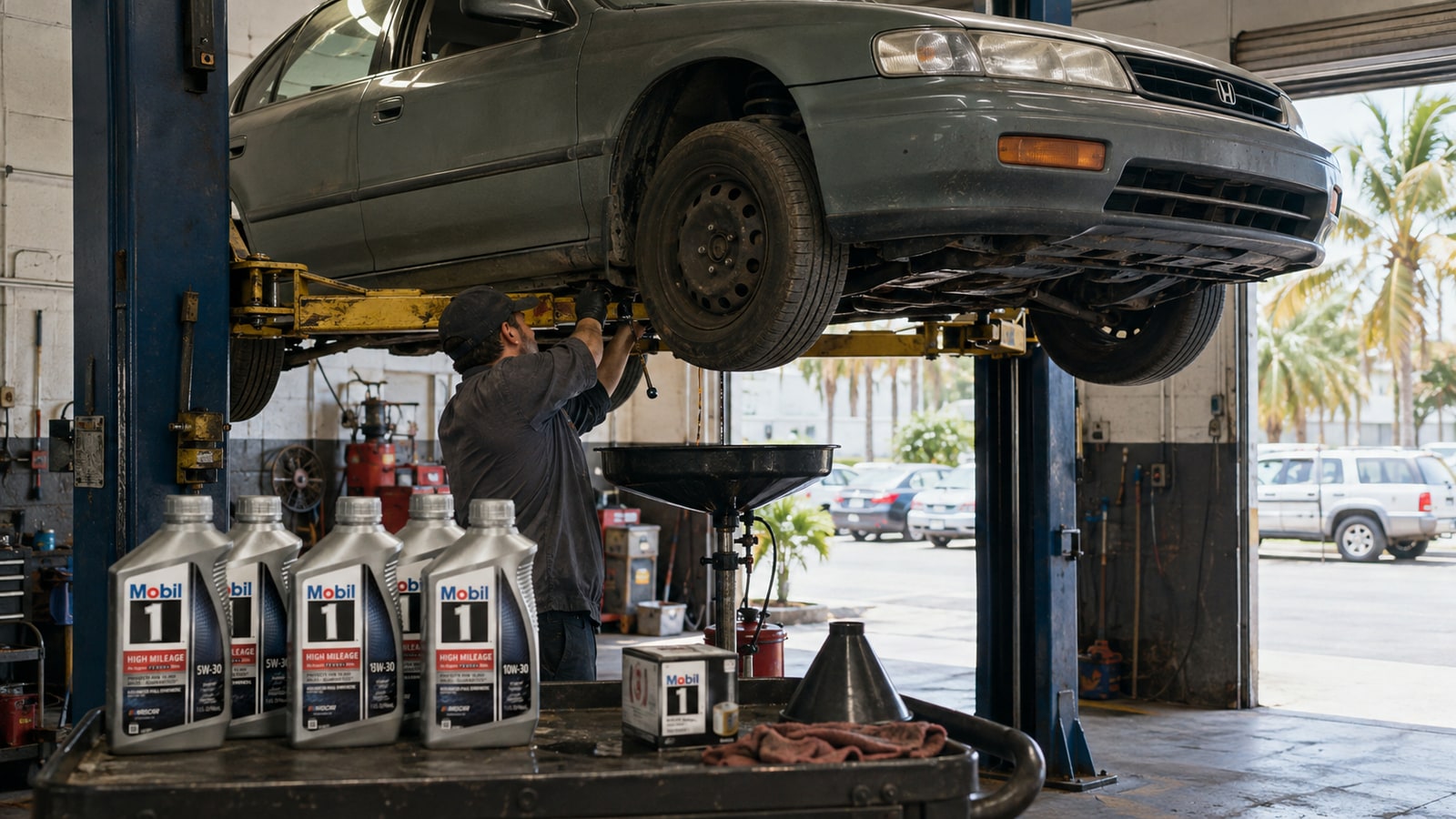 Older high-mileage sedan on a shop lift during an oil change with Mobil 1 High Mileage quarts on the tool cart