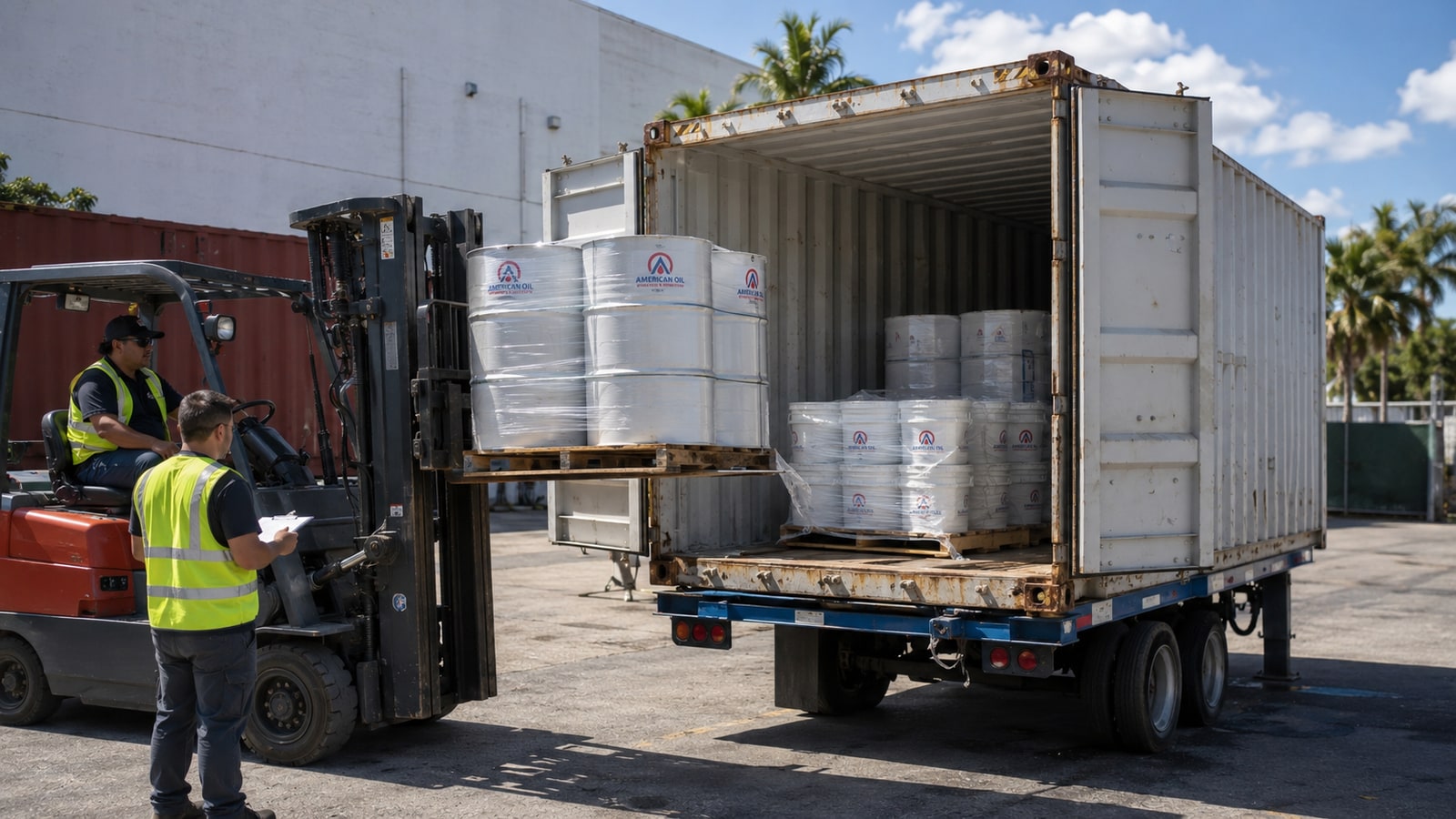 Montacargas cargando tambores de aceite de motor en un contenedor de 20 pies que queda a medio llenar porque el peso limita la carga