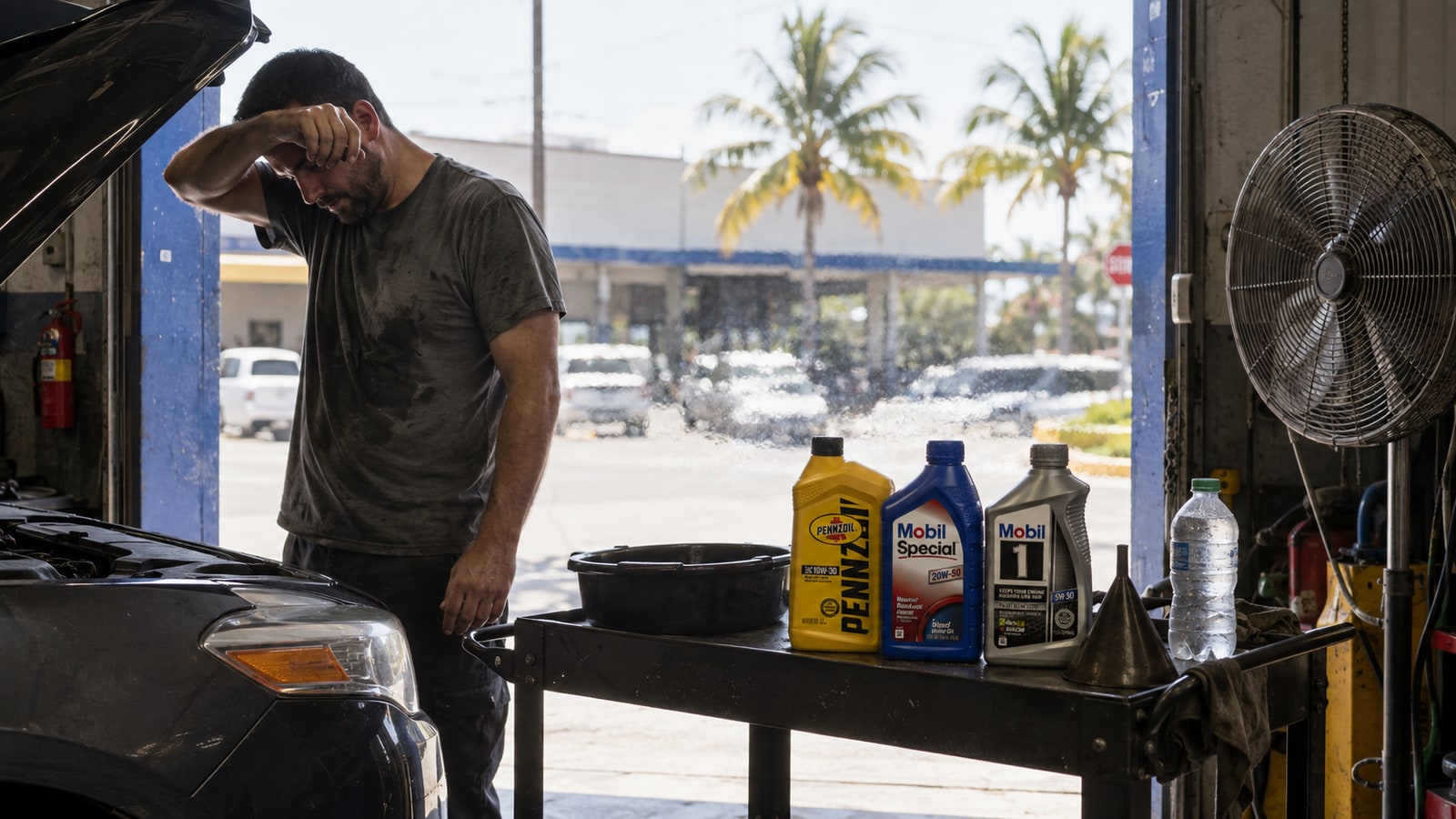 Auto shop working through South Florida summer heat with the bay door open and motor oil quarts in several viscosity grades on the tool cart