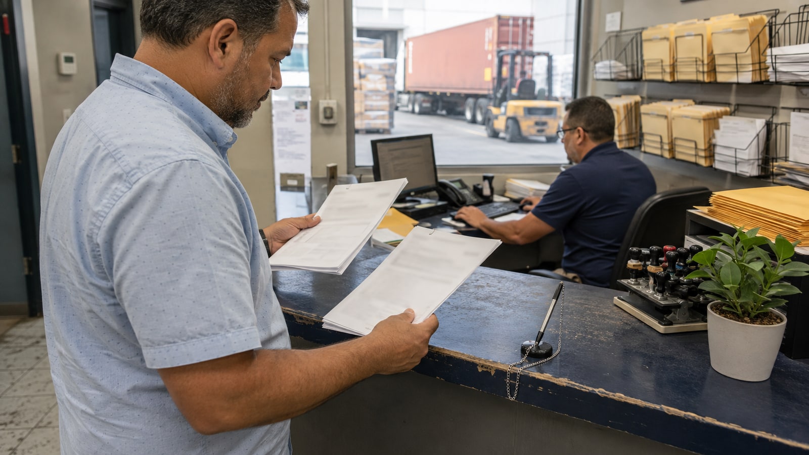 Importer comparing two shipping document sets at a Miami customs broker counter before an EXW lubricant shipment
