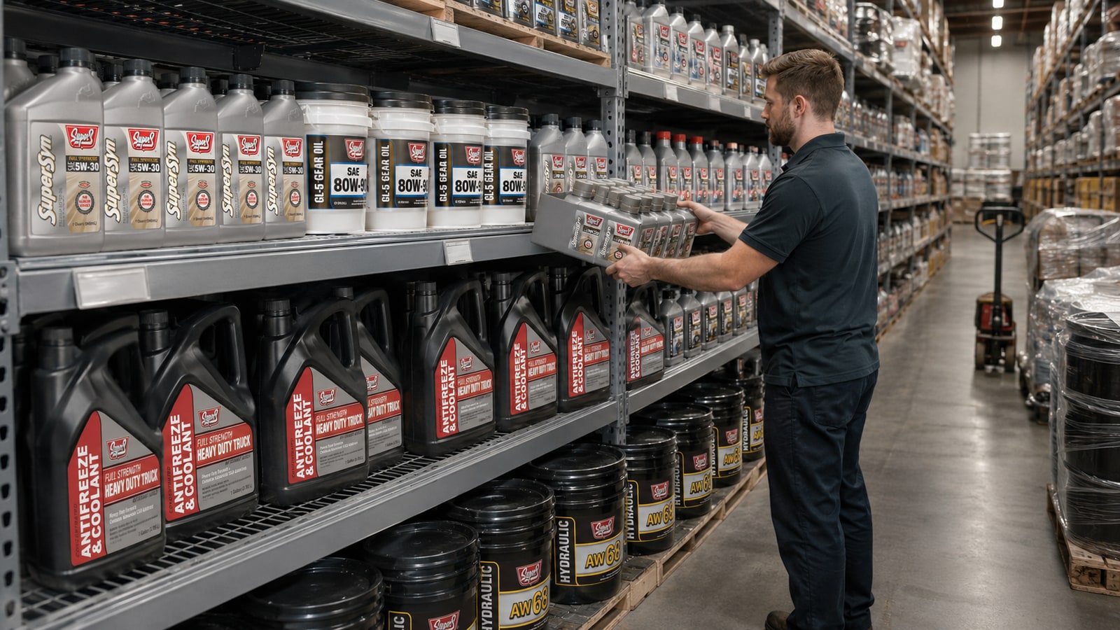 Super S motor oil, gear oil, coolant, and hydraulic pails stocked together in a South Florida wholesale distributor aisle