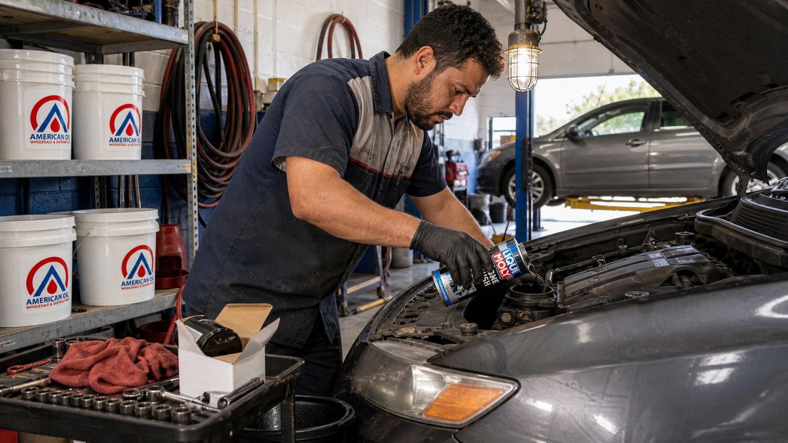 Technician pouring a 500 ml can of Liqui Moly Engine Flush into a warm engine in a South Florida auto shop service bay