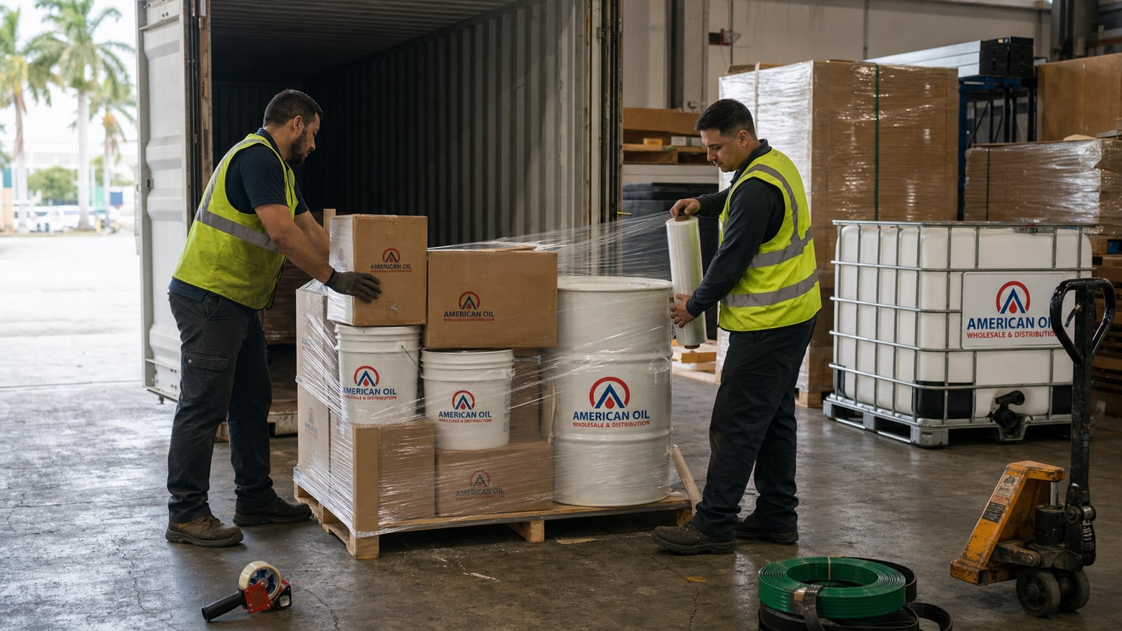 Workers building a mixed pallet of motor oil cases, American Oil pails and a drum at the doors of an export container in a Miami freight warehouse