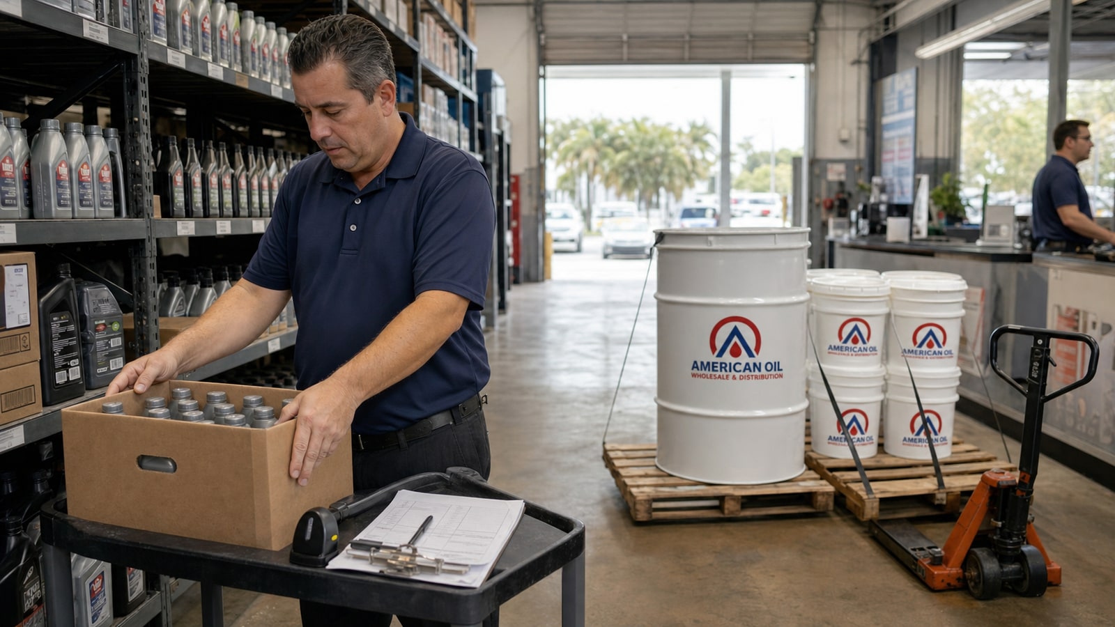 Dealership parts counter with cases of OEM fluids on shelving and an American Oil drum on a pallet by the receiving door