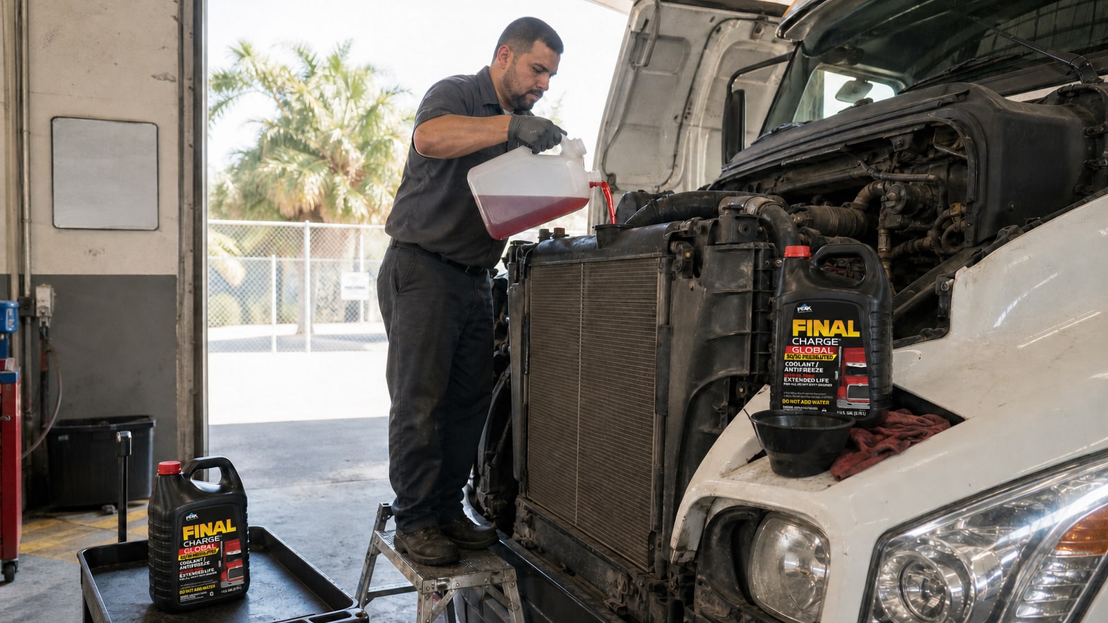 Technician pouring Peak Final Charge Global heavy-duty coolant into a semi-truck's radiator at a South Florida fleet shop bay