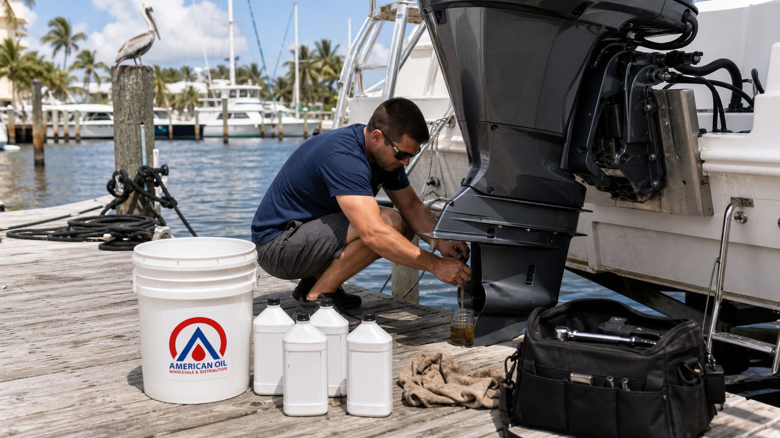 Technician servicing an outboard motor lower unit at a South Florida marina dock with an American Oil pail and gear lube bottles beside him