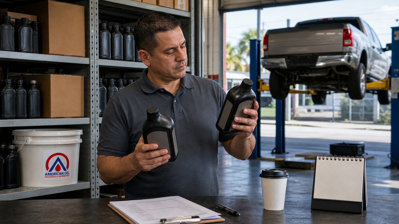 Hialeah shop owner comparing two motor oil quarts at the parts counter ahead of the ILSAC GF-7 and API SQ spec deadline