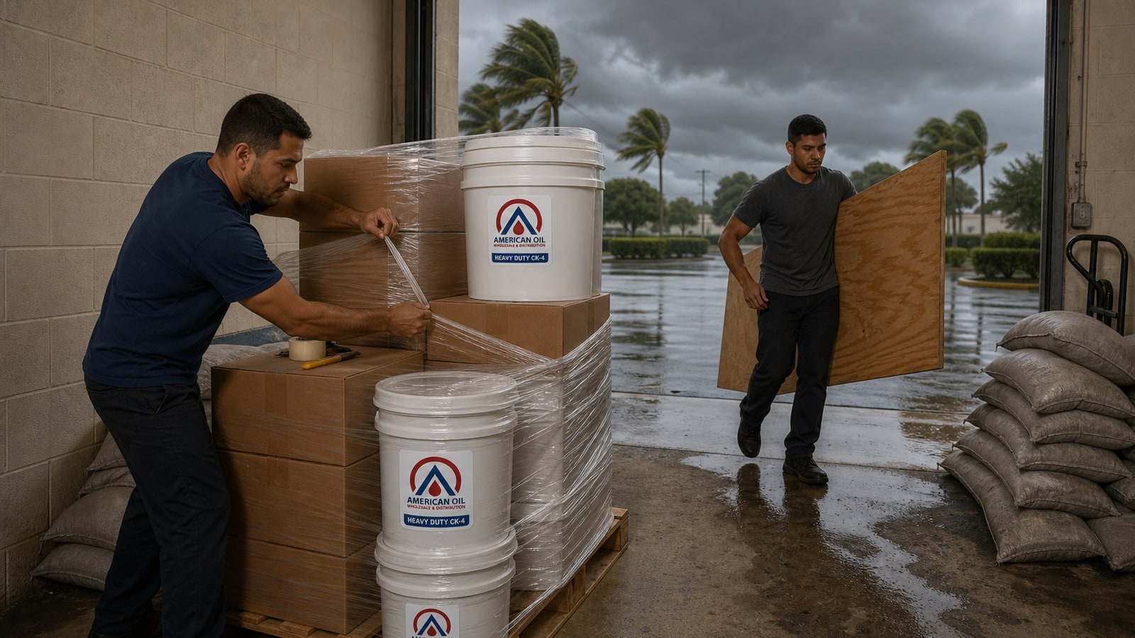Taller del sur de la Florida preparándose para un huracán con generador portátil, cubetas American Oil y madera junto al portón bajo nubes de tormenta