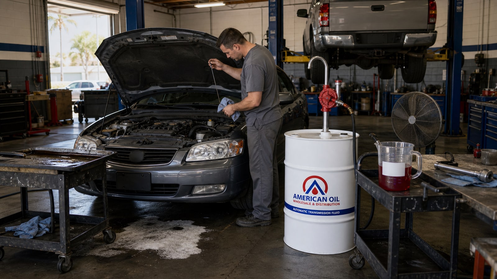 Technician checking a transmission dipstick beside an American Oil ATF drum with a hand pump in a transmission service bay