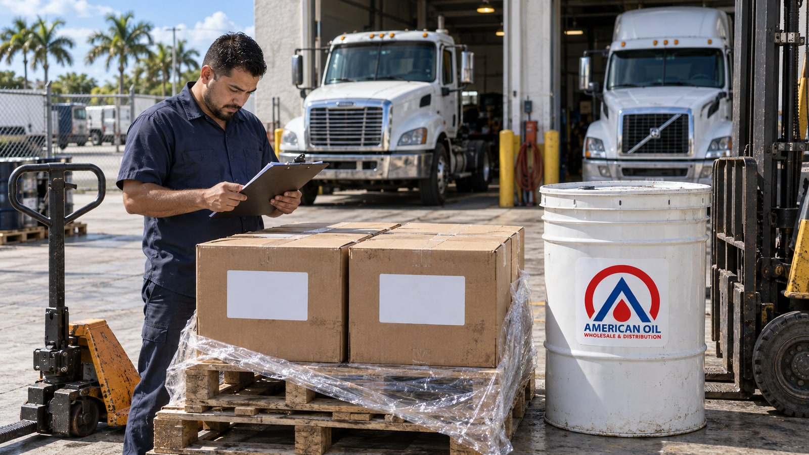 Technician cross-checking a work order against CK-4 and CI-4 15W-40 case boxes beside an American Oil drum on a South Florida diesel fleet dock